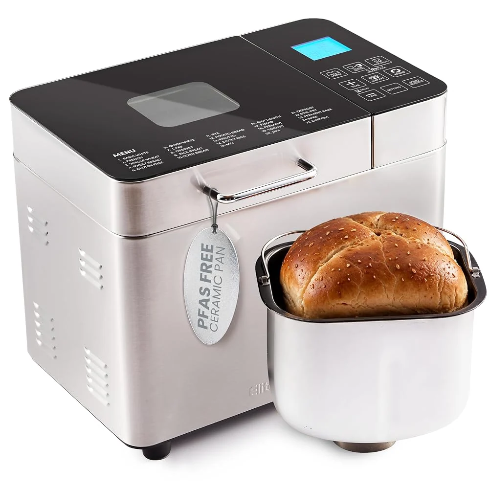 Elite Gourmet 2 Lb Bread Maker, PFAS-Free Ceralast™ Pan, 19 Functions