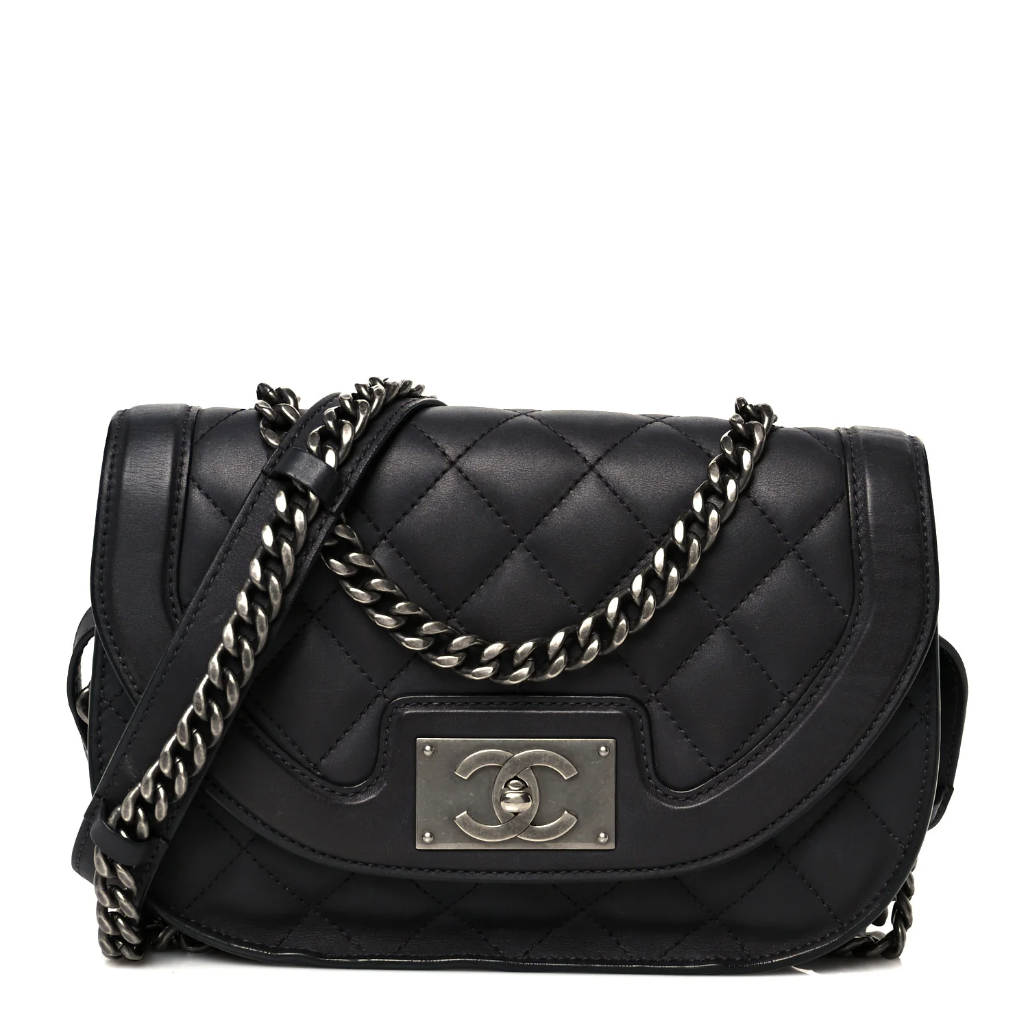 Shiny Goatskin Quilted Small Double Chained Messenger Flap Black