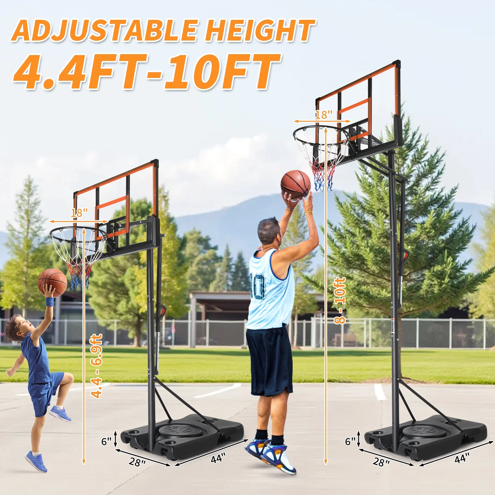 Ktaxon 4.4 - 10FT Portable Basketball Hoop, 44 in PC Backboard, Basketball Goal System Outdoor Indoor