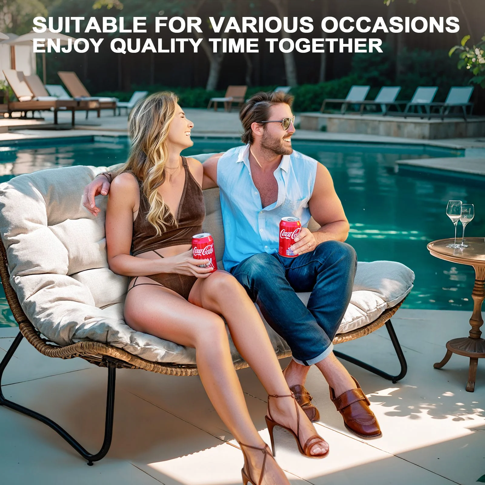 Products Patio Loveseat, All-Weather Rattan Large Furniture with Soft Cushions, Outdoor Loveseat for Balcony, Poolside, Backyard (Beige)(Beige) - Image 2