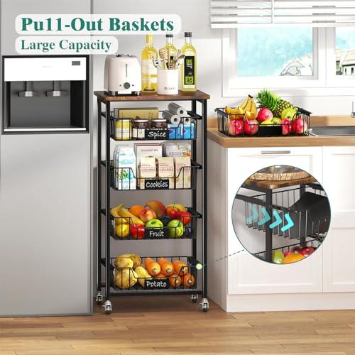 4-Tier Vegetable Fruit Basket Kitchen Storage Rolling Cart On Wheels With Pull-Out Baskets And Wood Top For Kitchen Diningroom Pantry