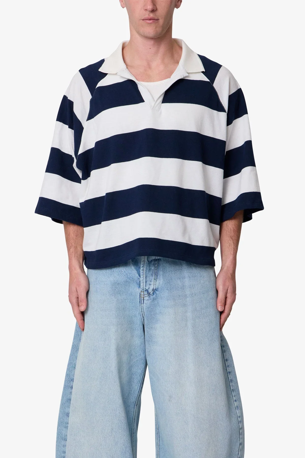 Wide Striped S/S Polo Shirt - White/Navy