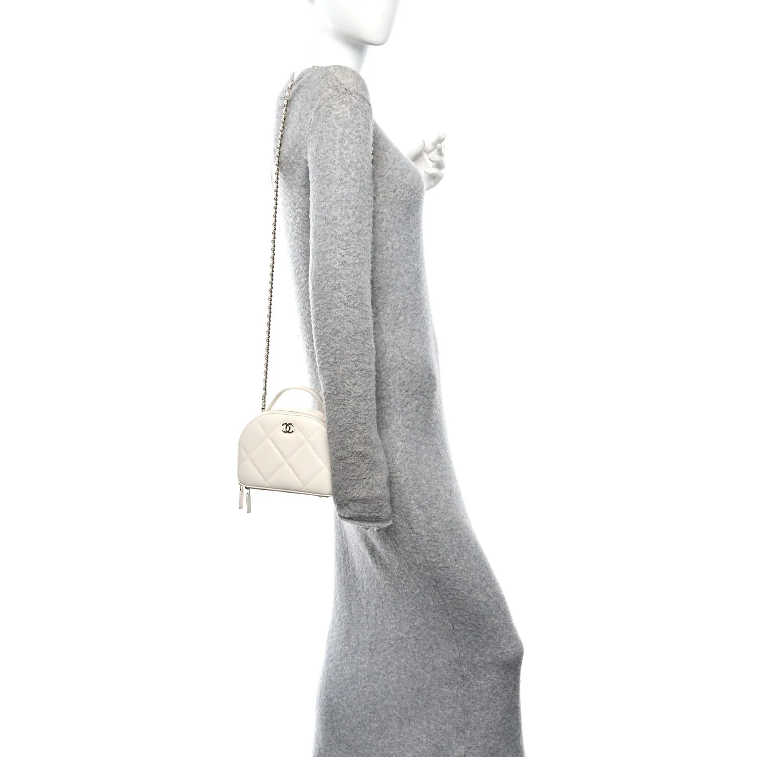 Grained Calfskin Quilted Top Handle Chain Clutch White