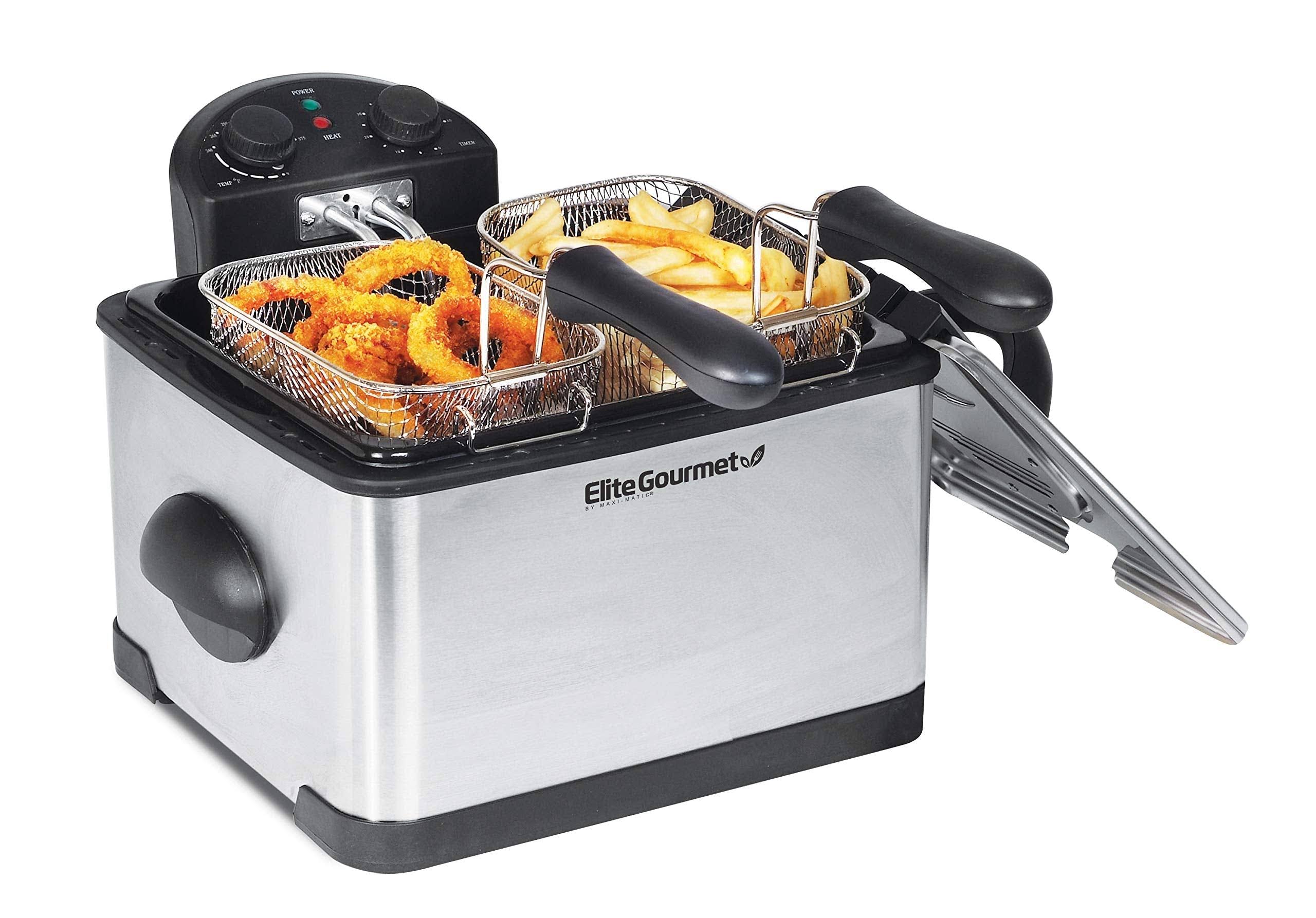 Elite Gourmet EDF-401T Electric Immersion Deep Fryer 3-Baskets, 1700-Watt, Timer Control, Adjustable Temperature, Lid with Viewing Window and Odor