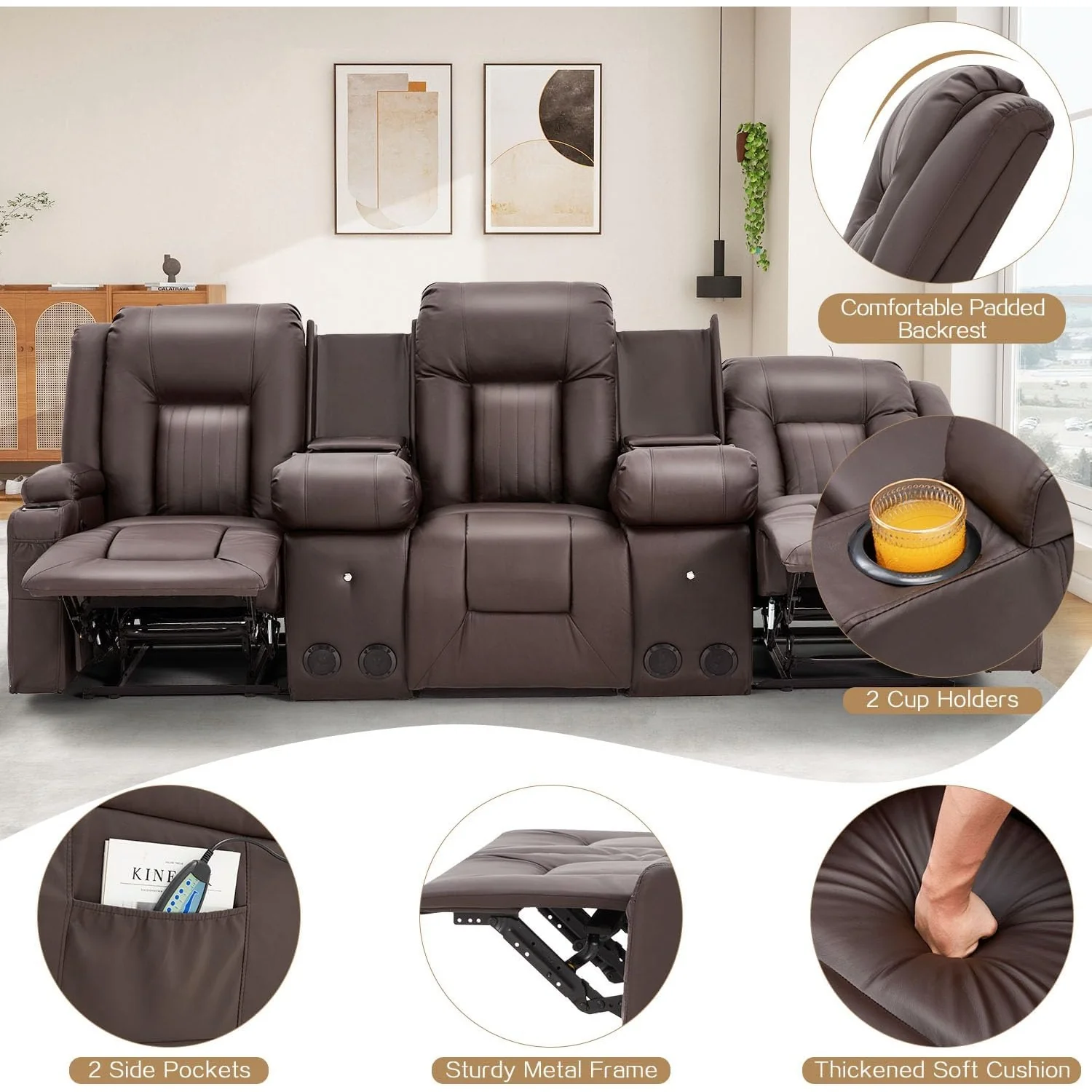 AECOJOY 3 Seater Recliner Sofa with 2 Console&Bluetooth Speakers, Brown