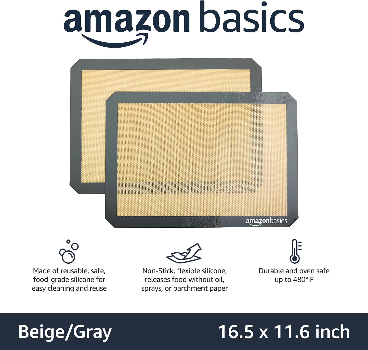 Amazon Basics Silicone Rectangular Baking Mat, Non-Stick, Reusable, Dishwasher Safe, Food Safe, Heat Resistant, 16.5