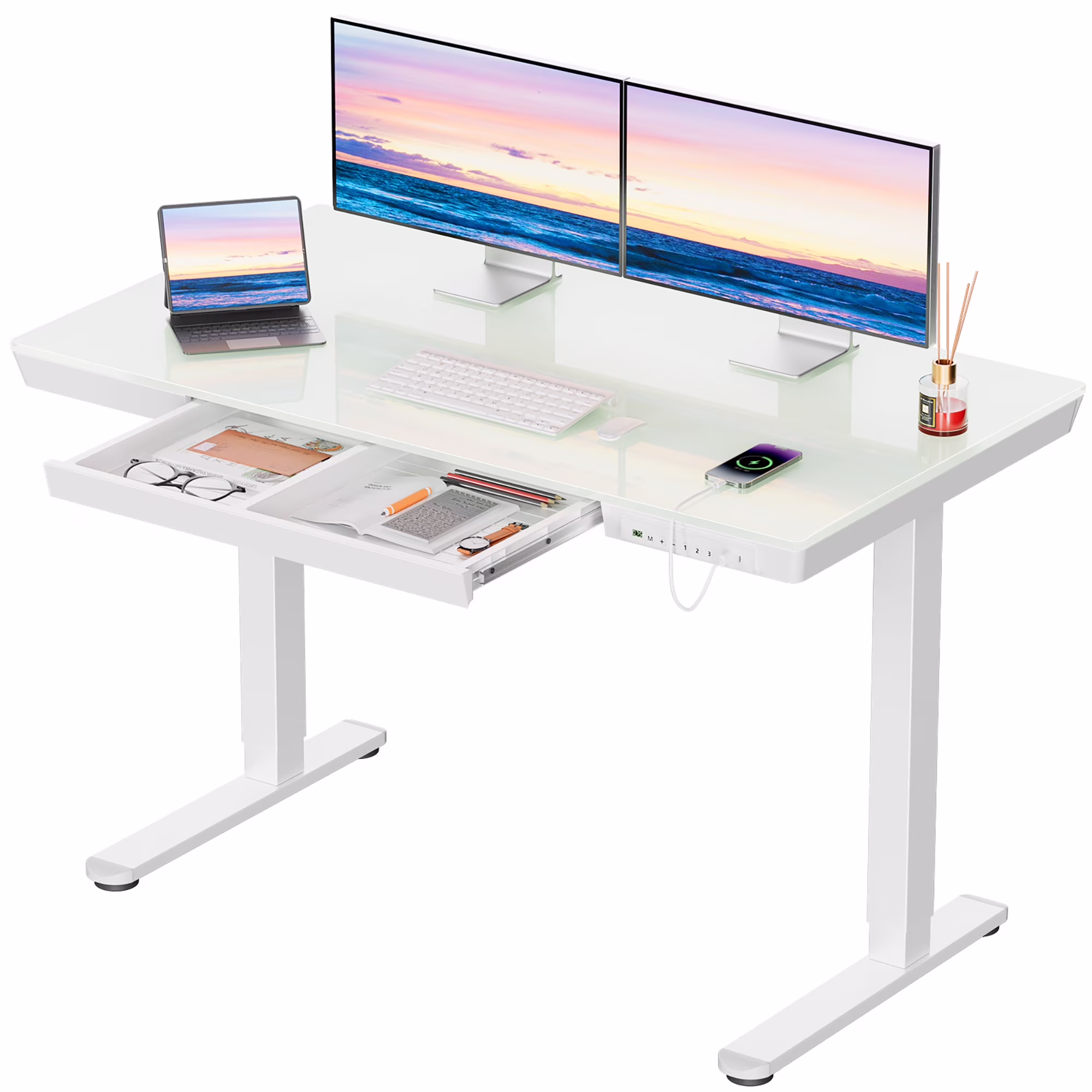 Glass Top Electric Standing Desk with Drawer, 48'' x 24'' Electric Height Adjustable Desk with USB Charging Ports, Sit Stand up for Home Office(48" x 24"/White Glass-top)
