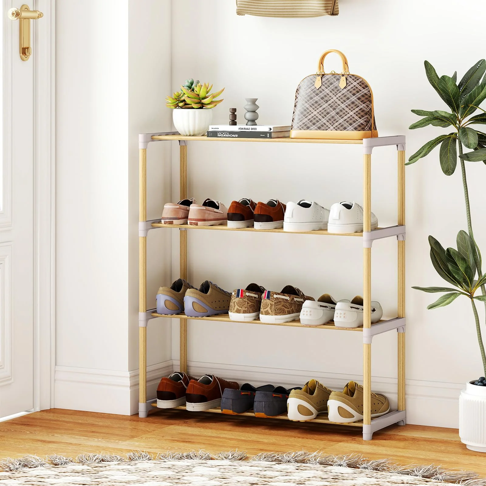 Tangkula 4-Tier Solid Wood Shoe Rack