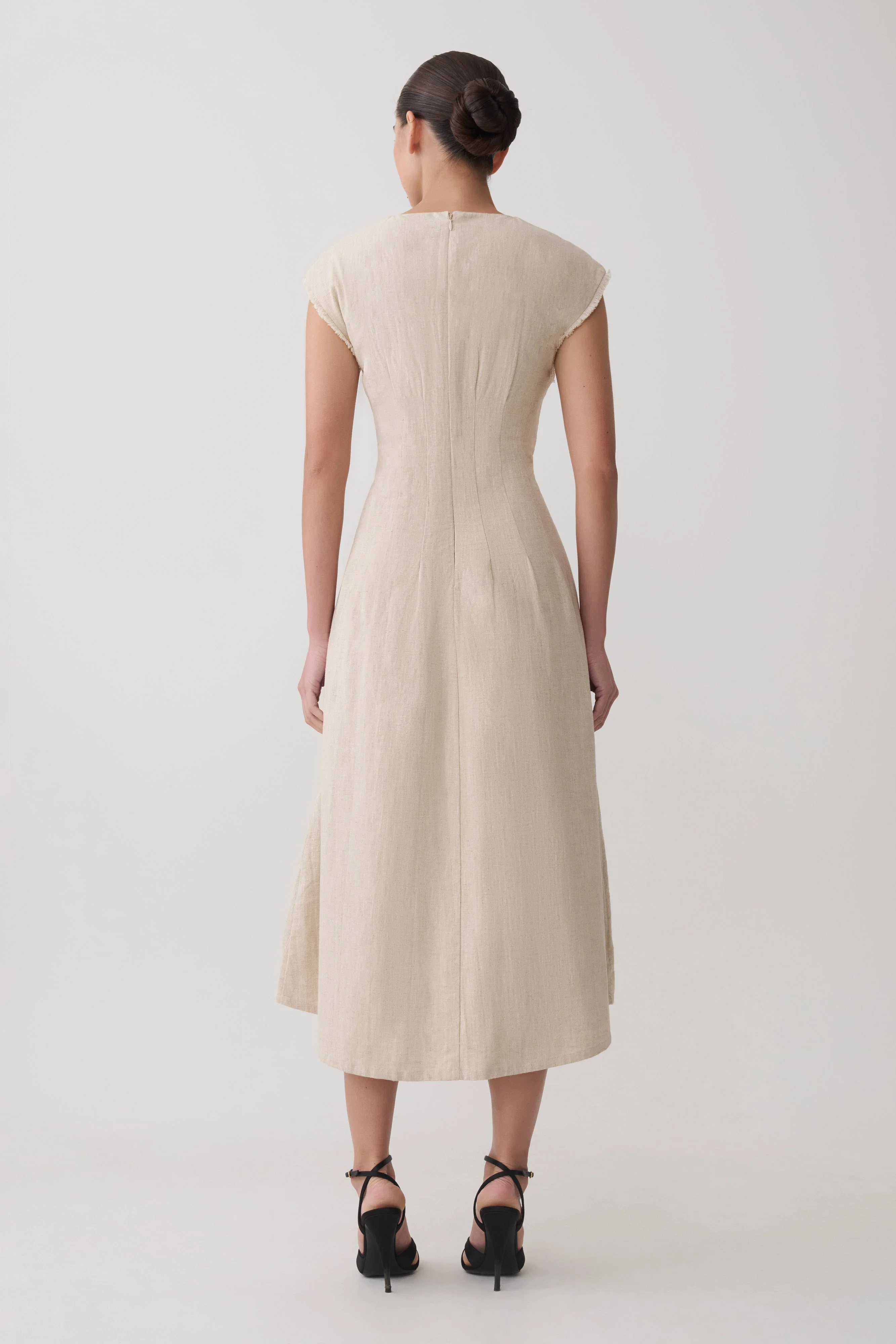Zinia Linen Cap Sleeve Midi Dress - Natural
