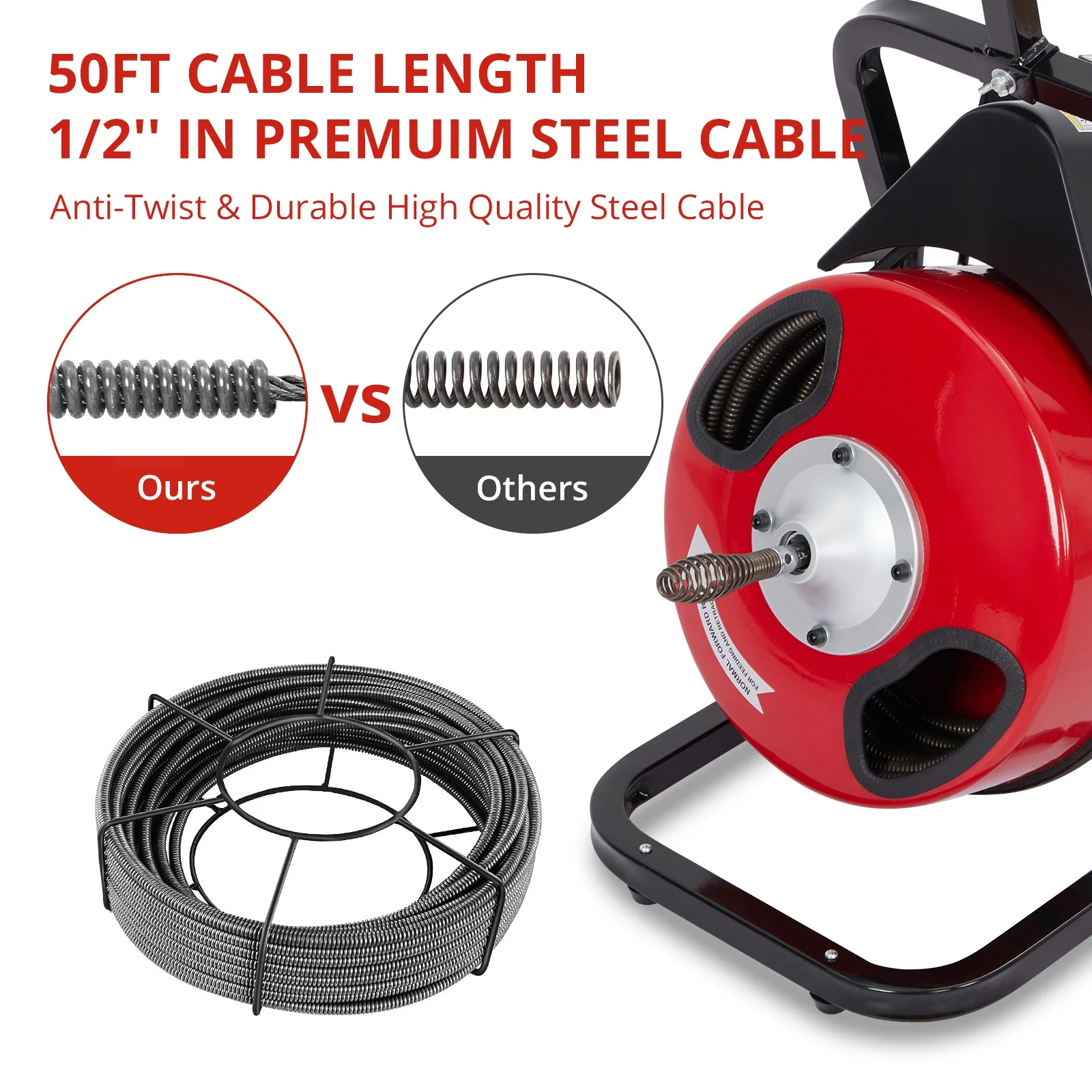 Electric Drain Cleaner Machine, Drain Auger 50Ft X 1/2 Inch for Sewer Clean, Electric Drain Snake for 1 to 4 Inch Pipes, Drain Sewer Auger with Foot Switch, Protective Gloves, 4 Cutter Blades(50FT x 1/2 Inch-K300/Red) - Image 4