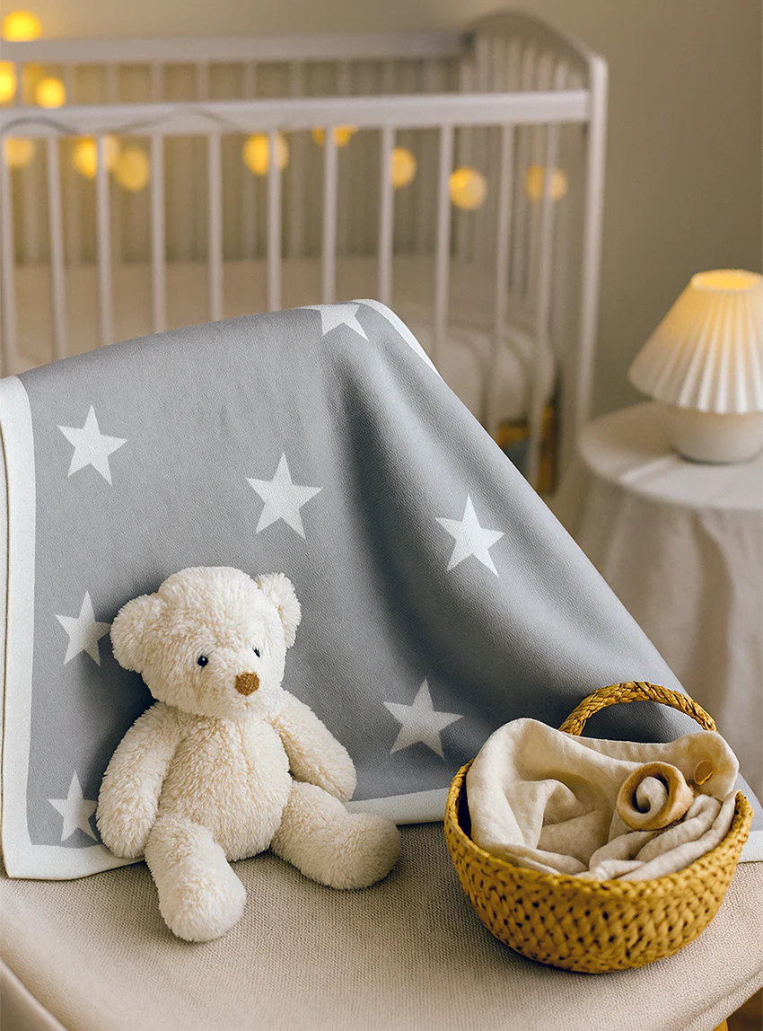 Plaid bébé étoiles 100% laine gris métal