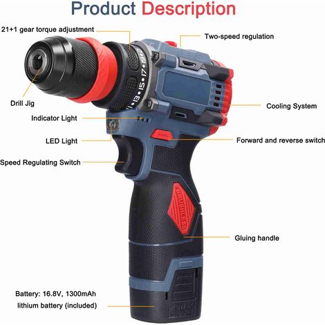 Perceuse-visseuse sans fil 16,8V 2-en-1, moteur sans balais, couple 21Nm, pour installation d’appareils électroménagers, de meubles et réparation automobile et électronique — vue 2
