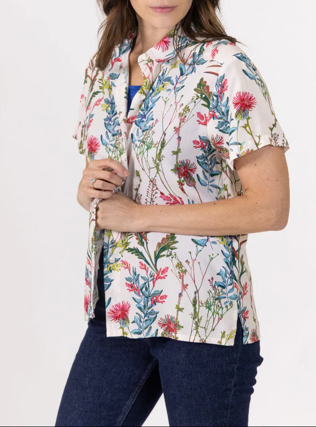 Chemisier femme en viscose imprimé herbier bleu