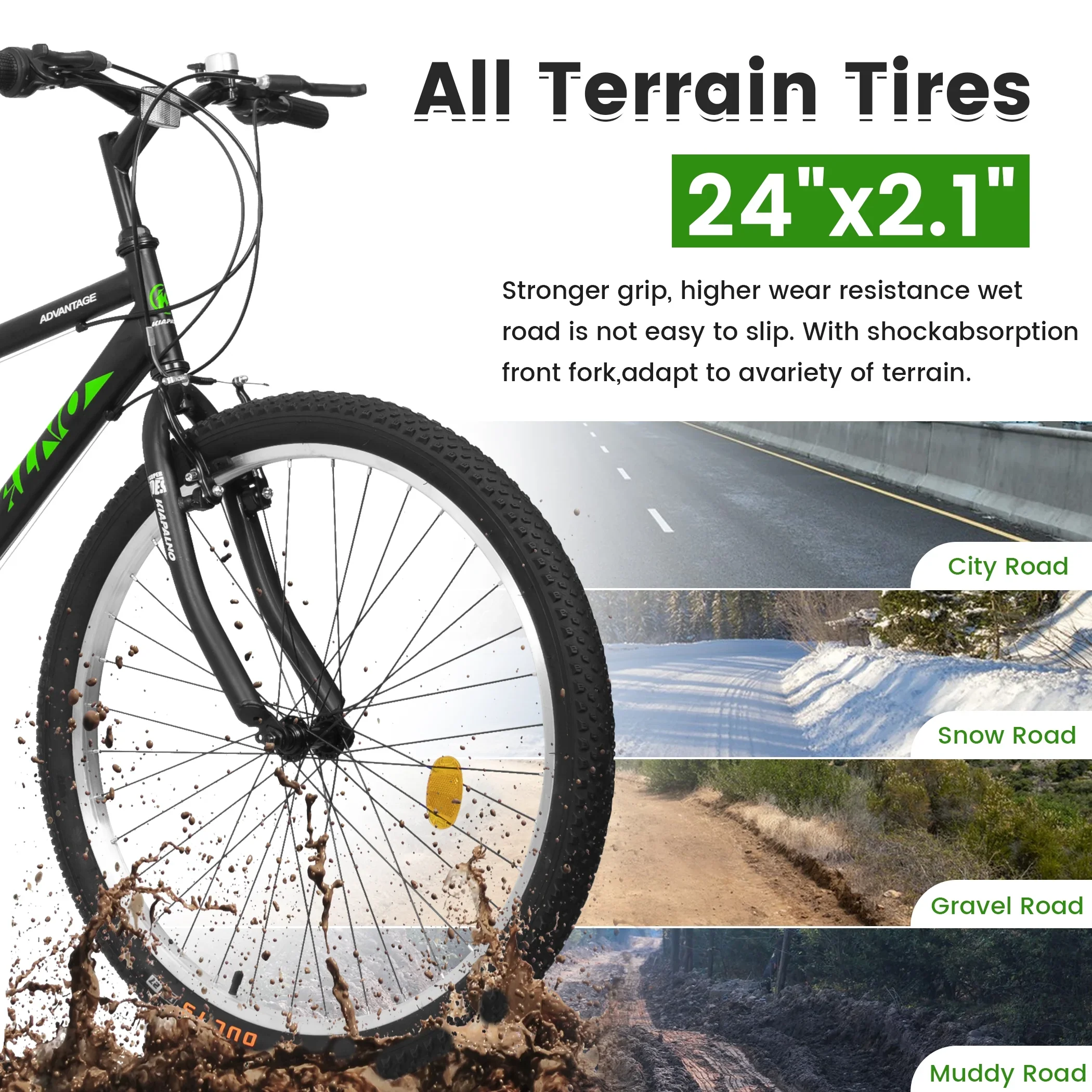 24-Inch Mountain Bike, 21-Speed Bicycle with Carbon Steel Frame & Dual V-Brakes(Black&Green)