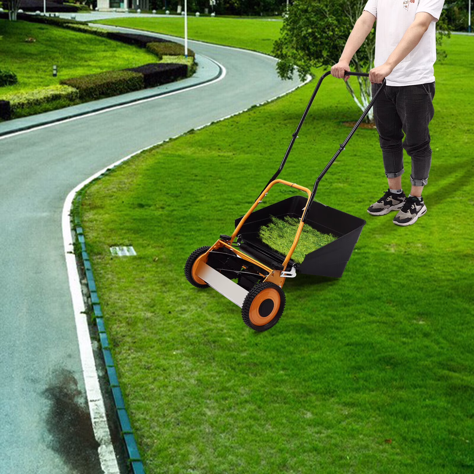 Modern 16" Lawnmower, Manual Wheeled Lawn Mower, Hand Push Lawn Mower 2-in-1 Function With 2 Wheels For Villas, Homes, Backyards