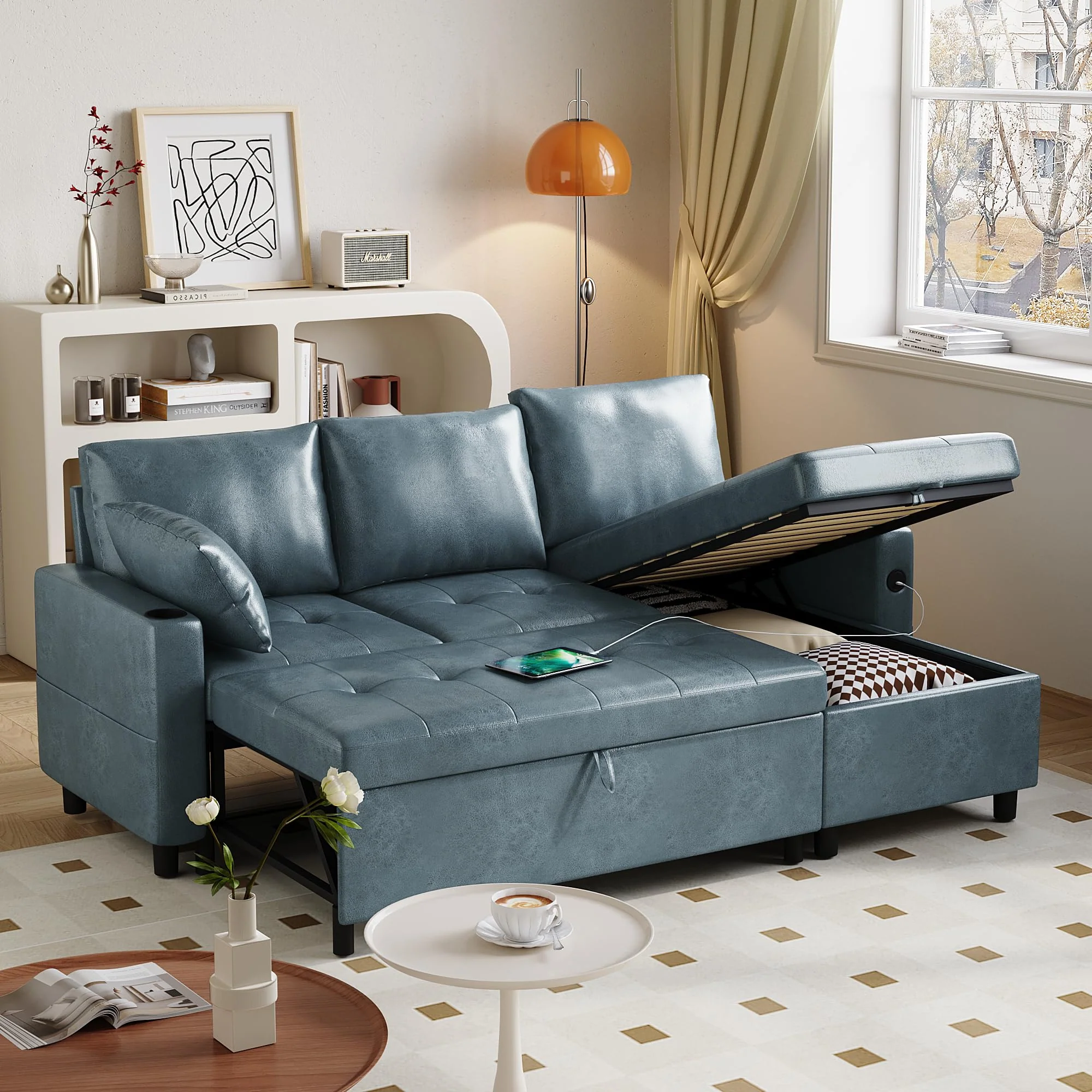 AECOJOY Sleeper Sofa Couch with Pullout Bed, Faux Leather, Blue