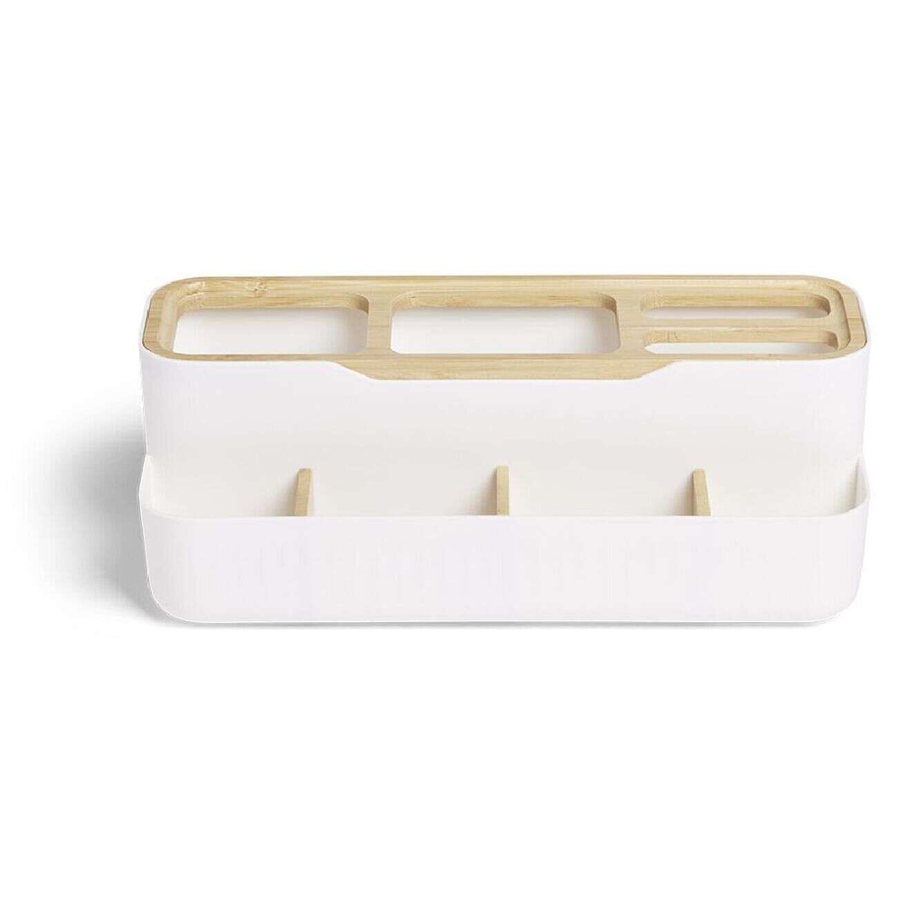 Rangement salle de bain bambou et plastique blanc