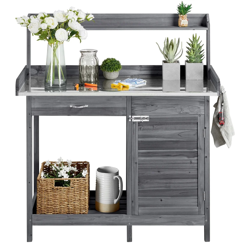 SmileMart Wooden Garden Potting Bench Table with Cabinet, Gray