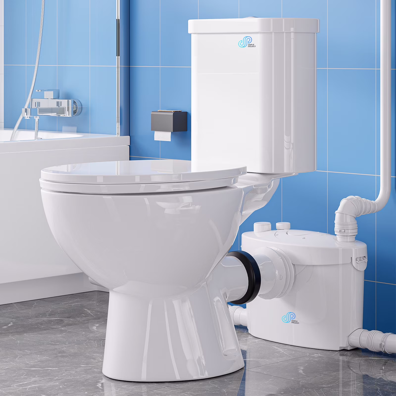 600w Macerating Toilet With Macerator Pump, Powerful Quiet Upflush Toilet For Basement, With 4 Water Inlet and Ac Vent System (Two-Piece)