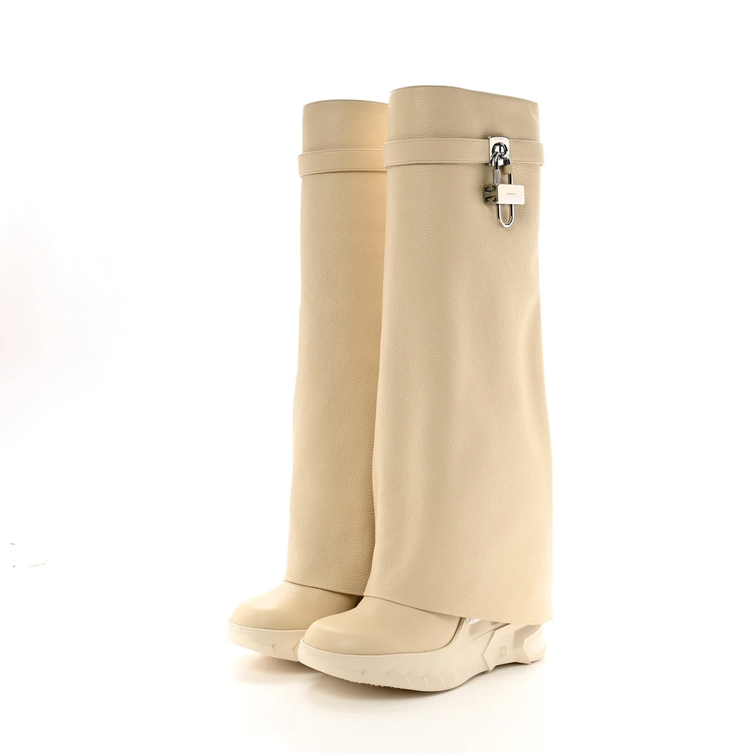 Grained Calfskin Shark Lock Biker Knee Boots 40 Beige