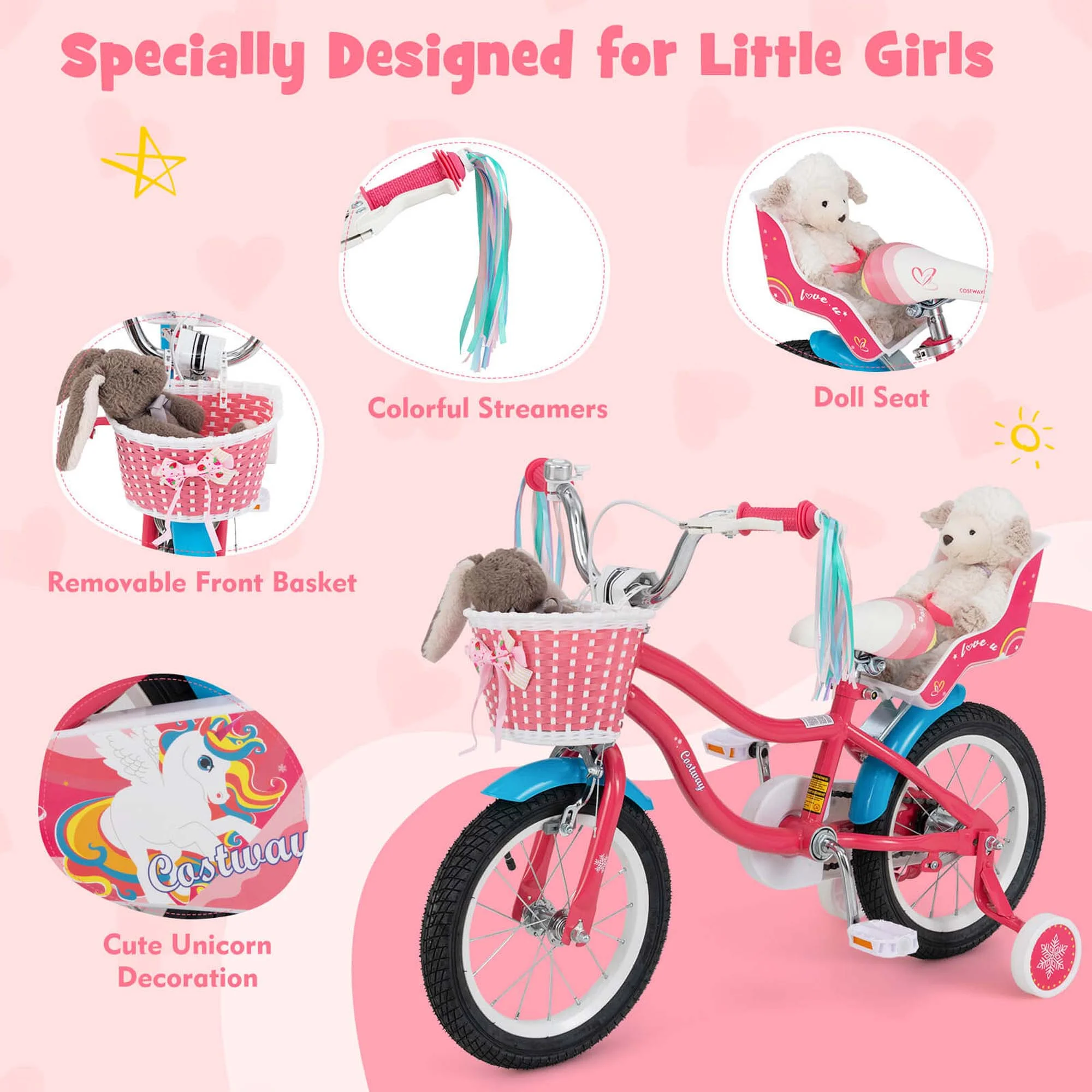 14 Inch Kids Bike with Basket Doll Seat Colorful Streamers 2 Training Wheels Pink(Pink/14") - Image 6