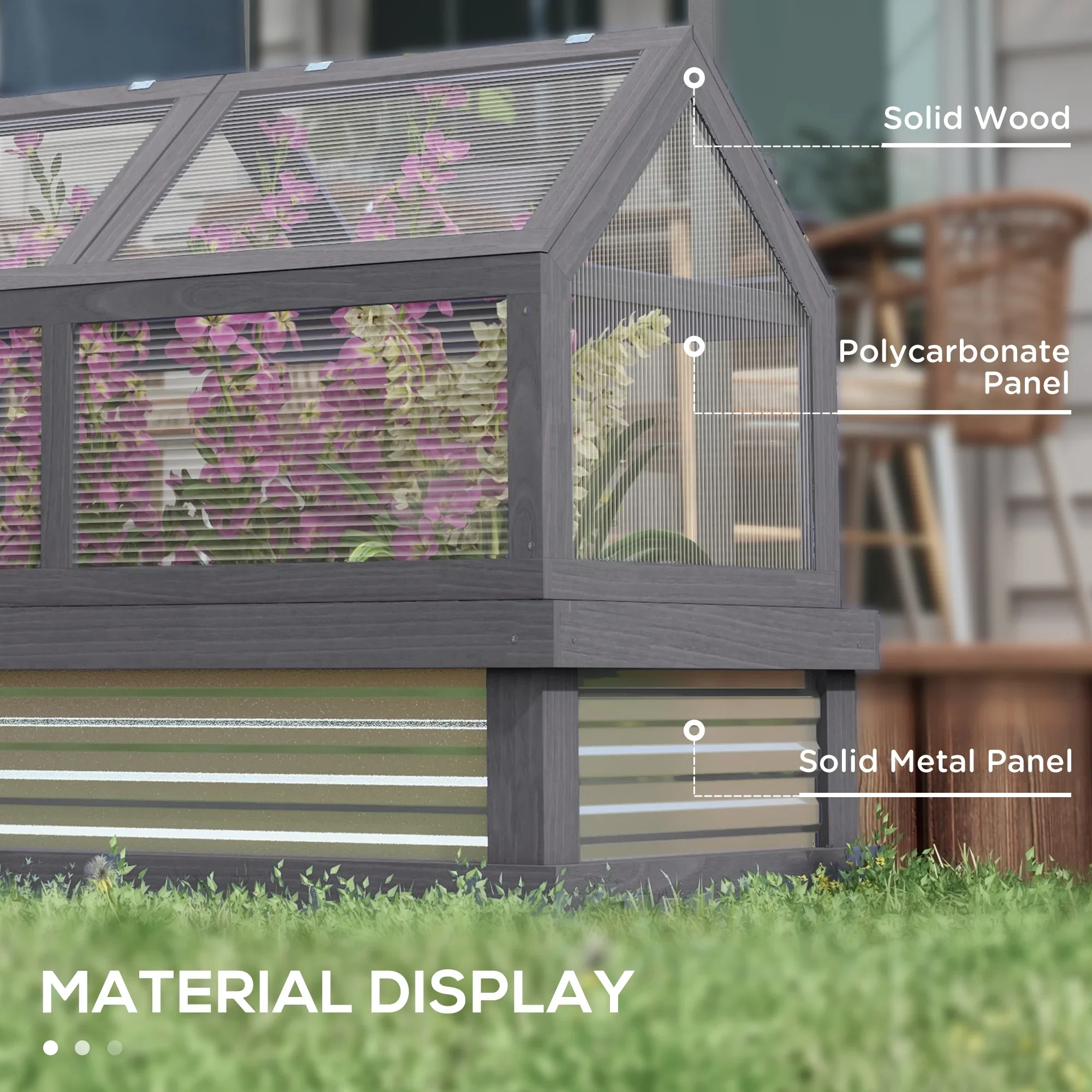 Outsunny Raised Garden Bed with Polycarbonate Greenhouse, Wooden Garden Cold Frame Greenhouse, Flower Planter Protection, 48 x 24 x 32, Natural