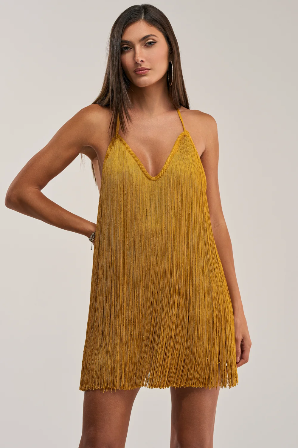 DRINKS ON ME FRINGE MINI DRESS IN GOLD - Akira Store