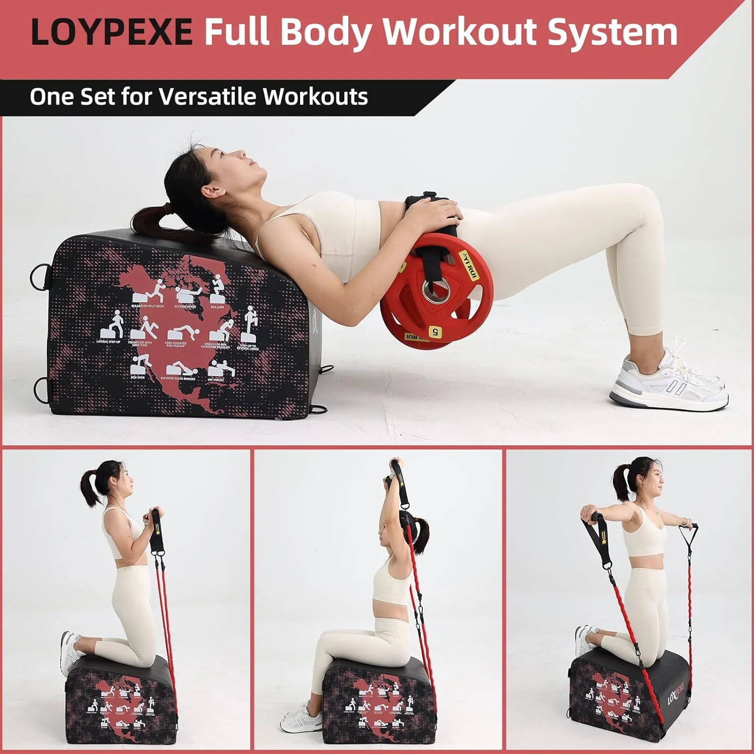 Multi-Functional Whole Body Workout Box Hip Thrust Bench,Hip Thrust Bench for Glute Bridge Exercise,Box Jump Training,Core&Abs Strength Training With Resistance Band,Exercise Handle,Knee Pad Gym Workout Equipment