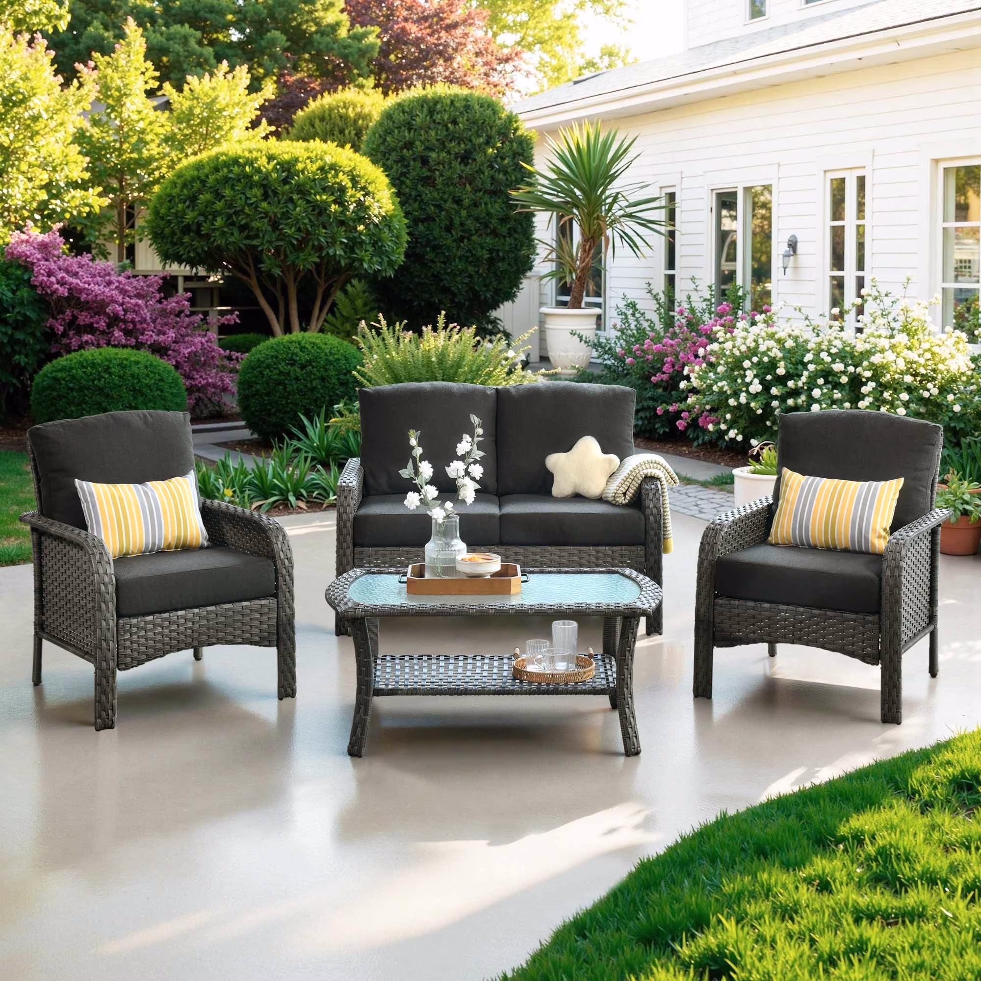 4 Pieces Wicker Outdoor Patio Furniture with Coffee Table High Back All Weather Rattan Outdoor Sectional Conversation Set for Backyard Porch Garden, Denim Blue(Denim Blue) - Image 7