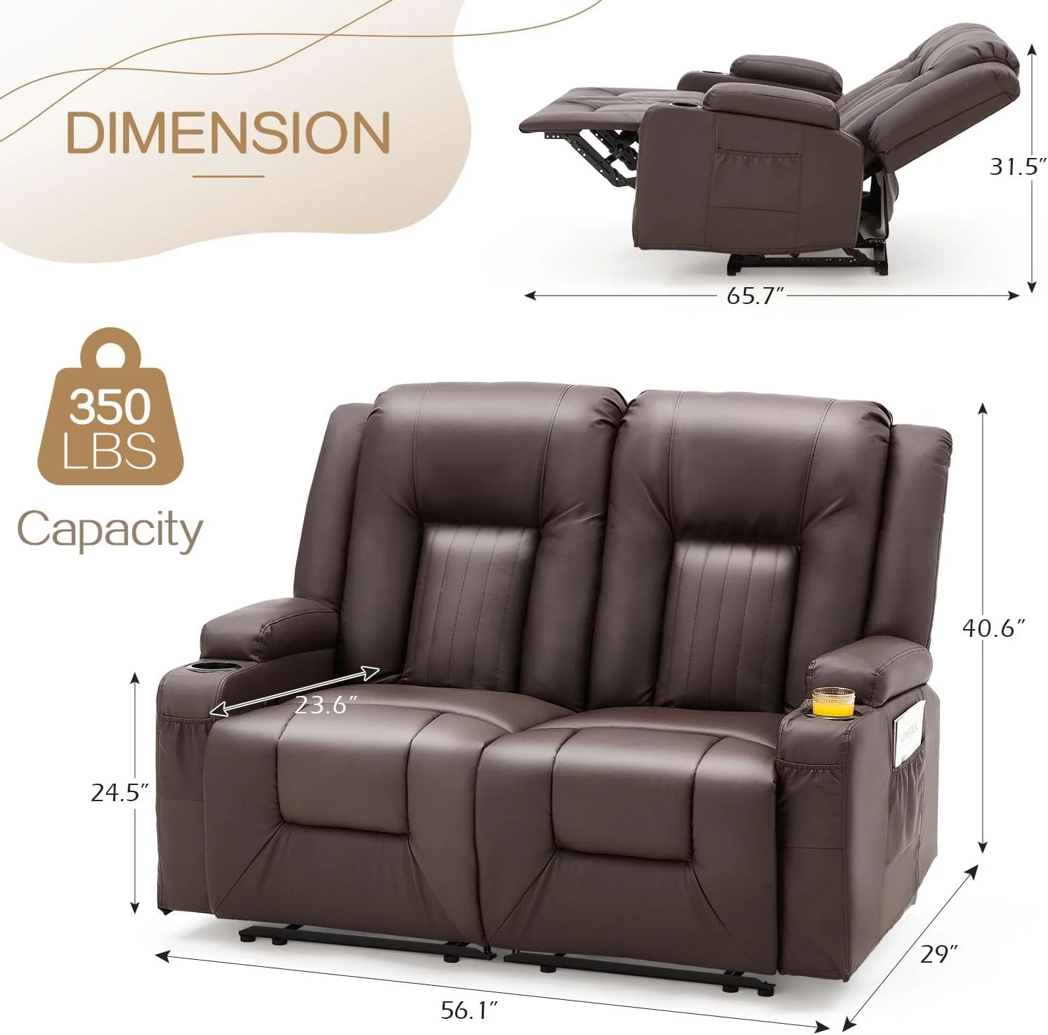 AECOJOY Loveseat Recliner with Cup Holders&Side Pockets, Brown, 2