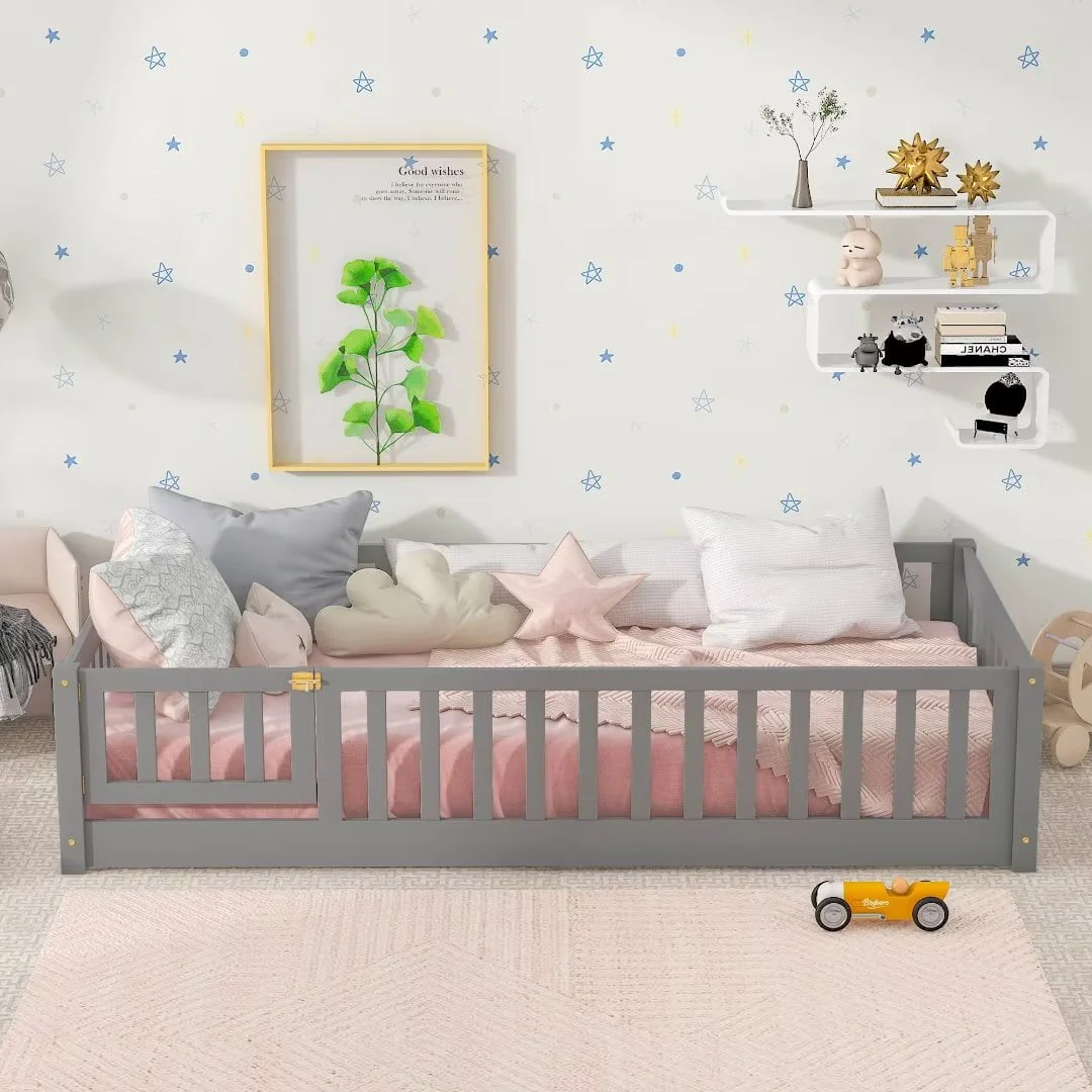 Twin Size Floor Bed for Kids, Wood Twin Montessori Bed Frame with Fence Guardrails and & Support Slats, Twin Playhouse Bed with Door Design, Kids Fence Bed Playpen Bed for Toddler, Boys, Girls, Gray