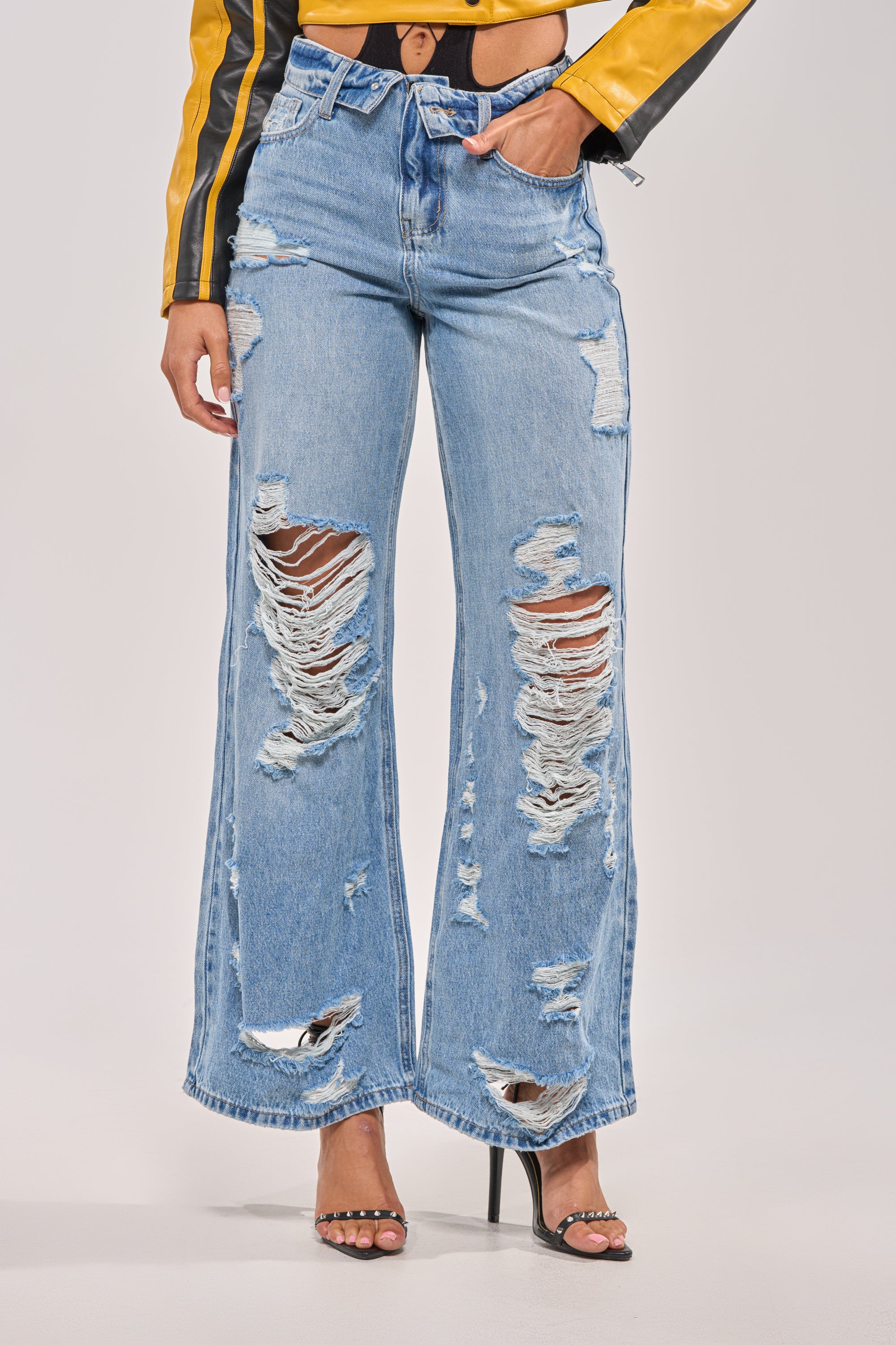 SOMETHING NEW FOLD OVER WAISTBAND DISTRESSED DENIM - Akira Store