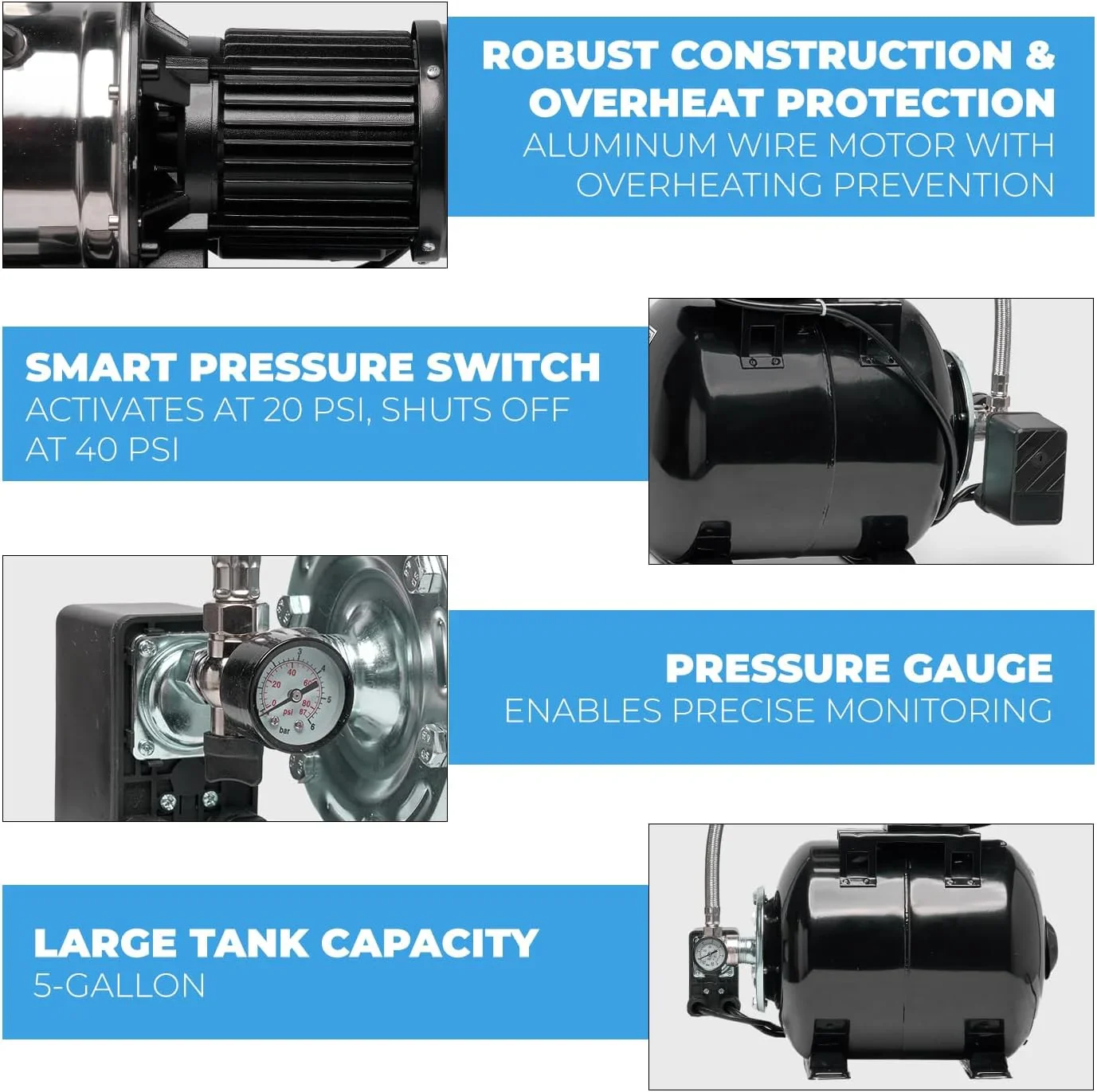 XtremepowerUS 1.6HP Portable Shallow Well Pump, 1268 GPH 120V With Controller, Stainless Steel, For Sprinkler, Irrigation, Garden, Lawn Water Transfer