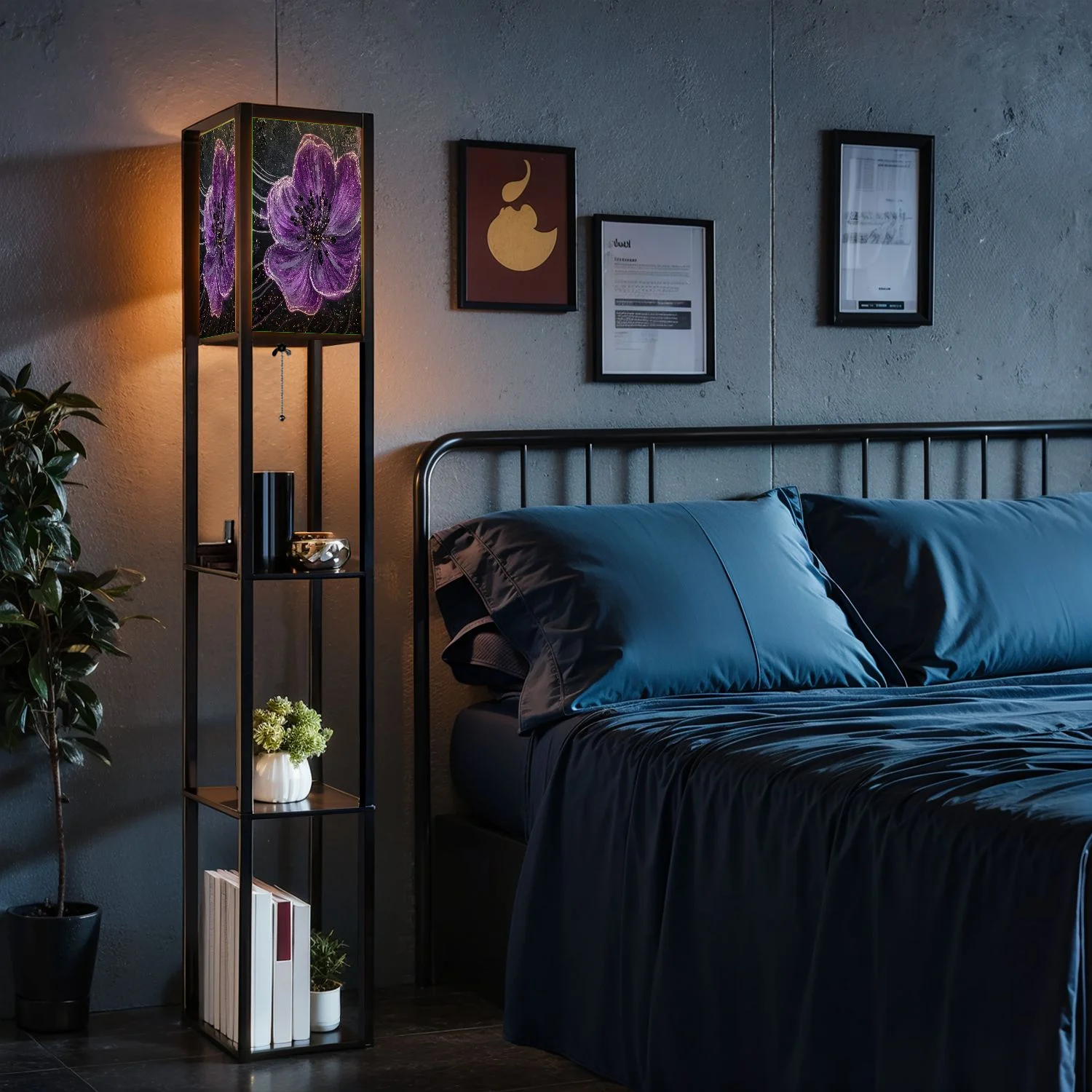 Floor Lamp with Shelves Corner Display Bookshelf Lamp for Living Room and Bedroom Purple Purple Wall Decor Purple Flower LED Modern Shelf Floor Lamp 3 Color Temperature(Color-1) - Image 8