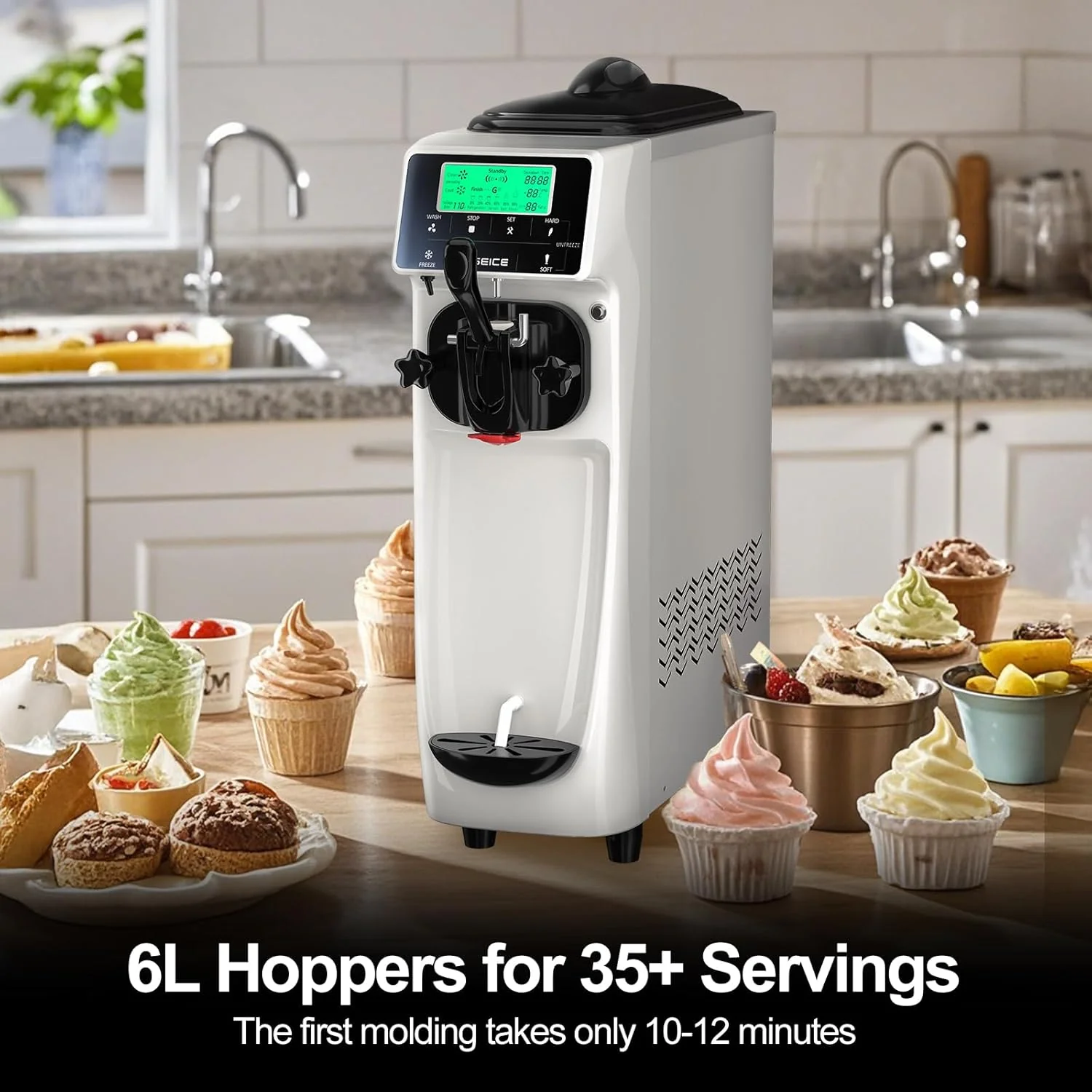 Machine à glace à l'italienne 3,2 gallons, machine à glace mono-parfum professionnelle, machine à glace de comptoir avec pré-refroidissement pour la maison, les magasins et les écoles