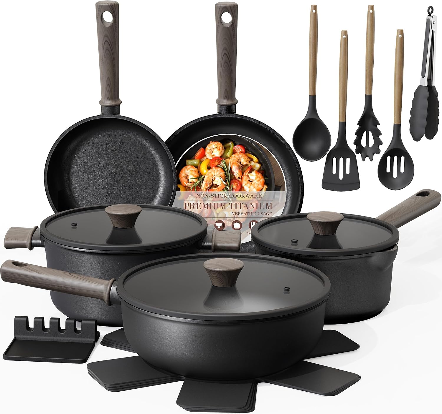 Astercook 19 Pcs Pots and Pans Set Non Stick, Black Titanium Induction Kitchen Cookware Sets, Non-toxic Healthy Kitchen Cooking Set with Frying Pans Set, PTFE PFOA PFOS Free, Father's Day Gift for Men