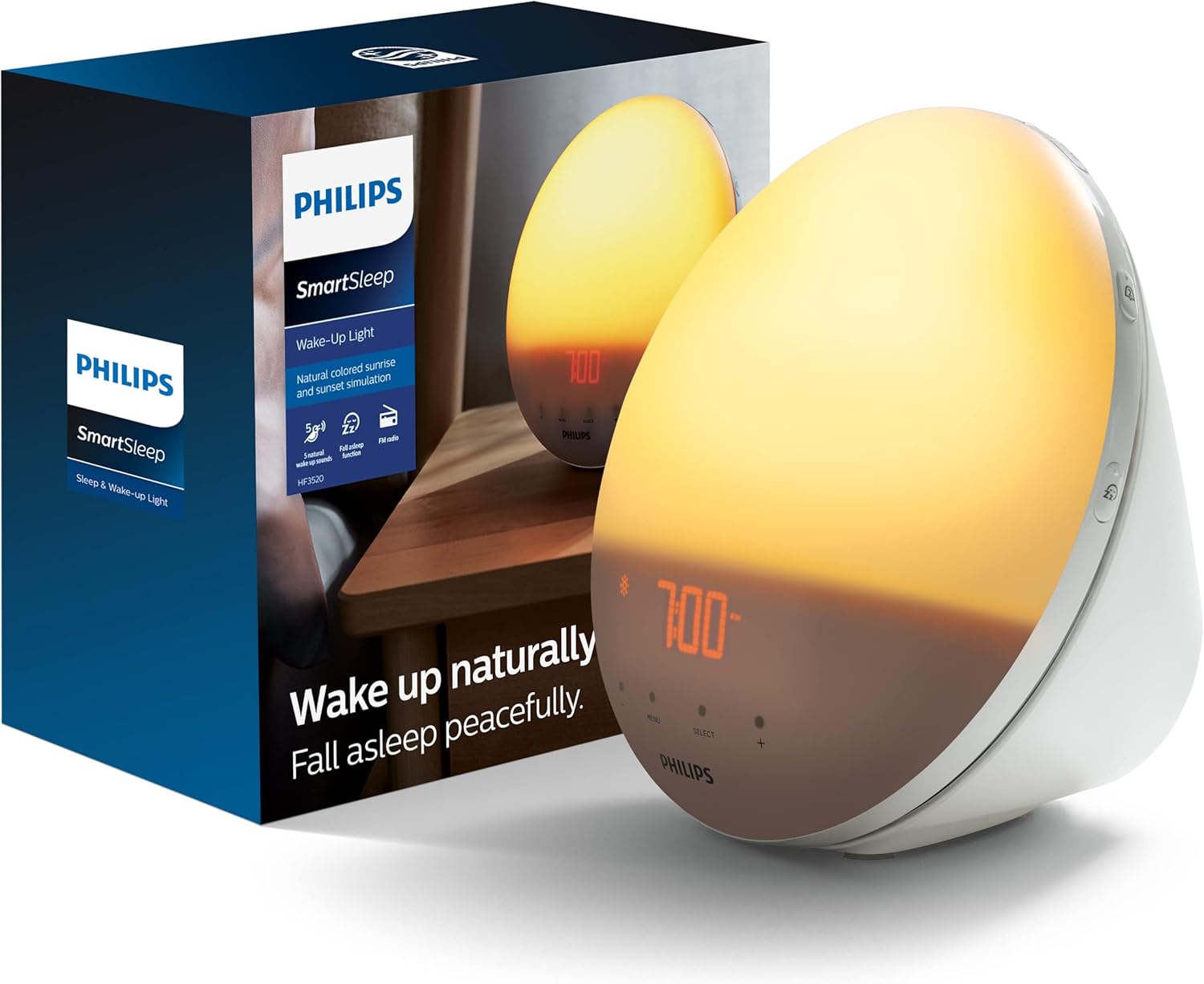 Philips SmartSleep Wake-up Light  Colored Sunrise and Sunset Simulation  5 Natural Sounds  FM Radio & Reading Lamp  Tap Snooze  HF3520/60