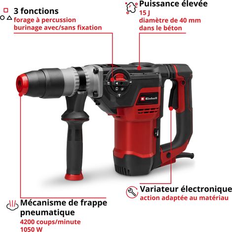 Einhell Marteau perforateur TE-RH 40/15 3F +2 (1050 W, mécanisme de frappe pneumatique, force de frappe 15 J, anti-vibrations, mandrin SDS max, vendu avec burin plat et burin pointu) — vue 2