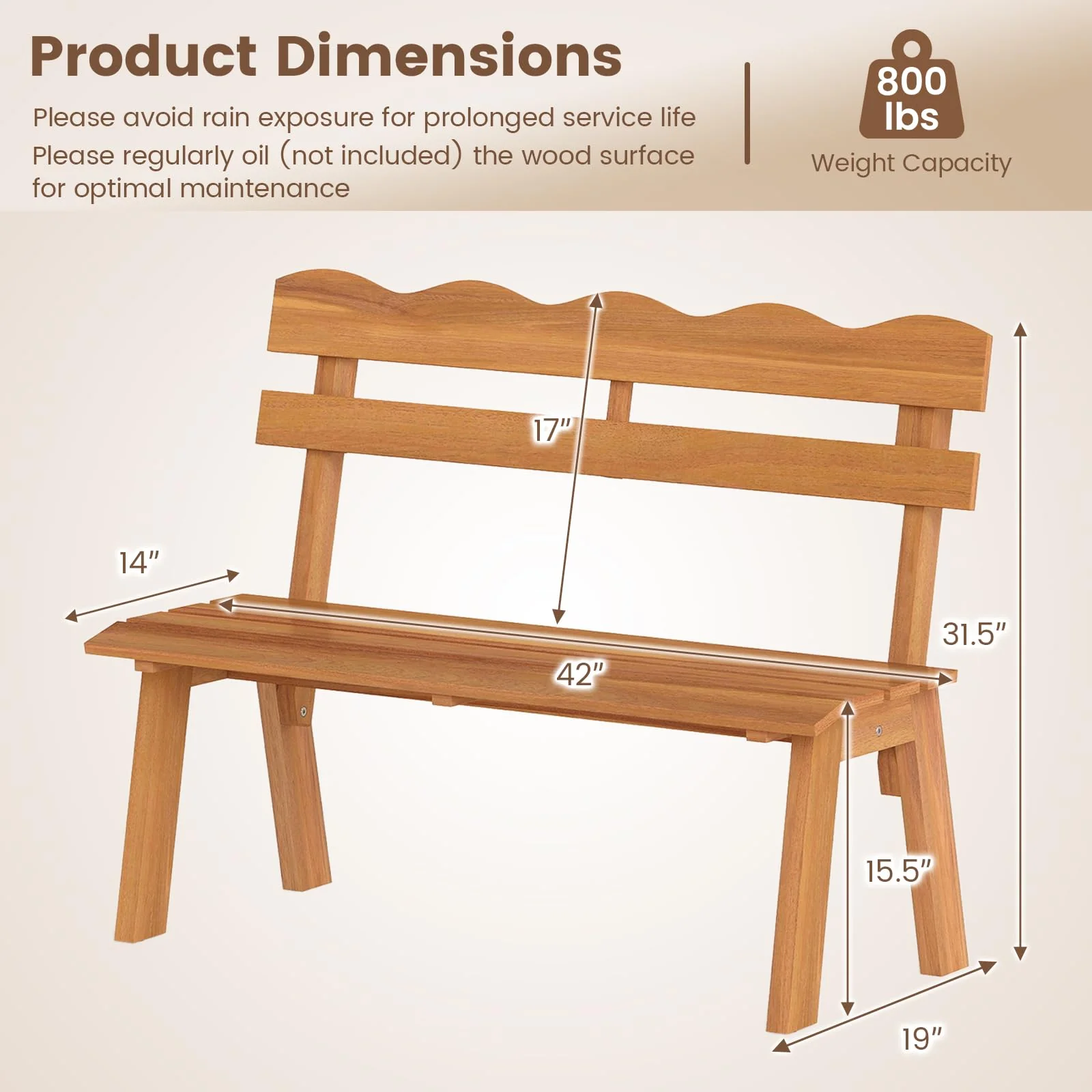 Tangkula 2 Person Patio Garden Bench with Waved Backrest and Slatted Seat