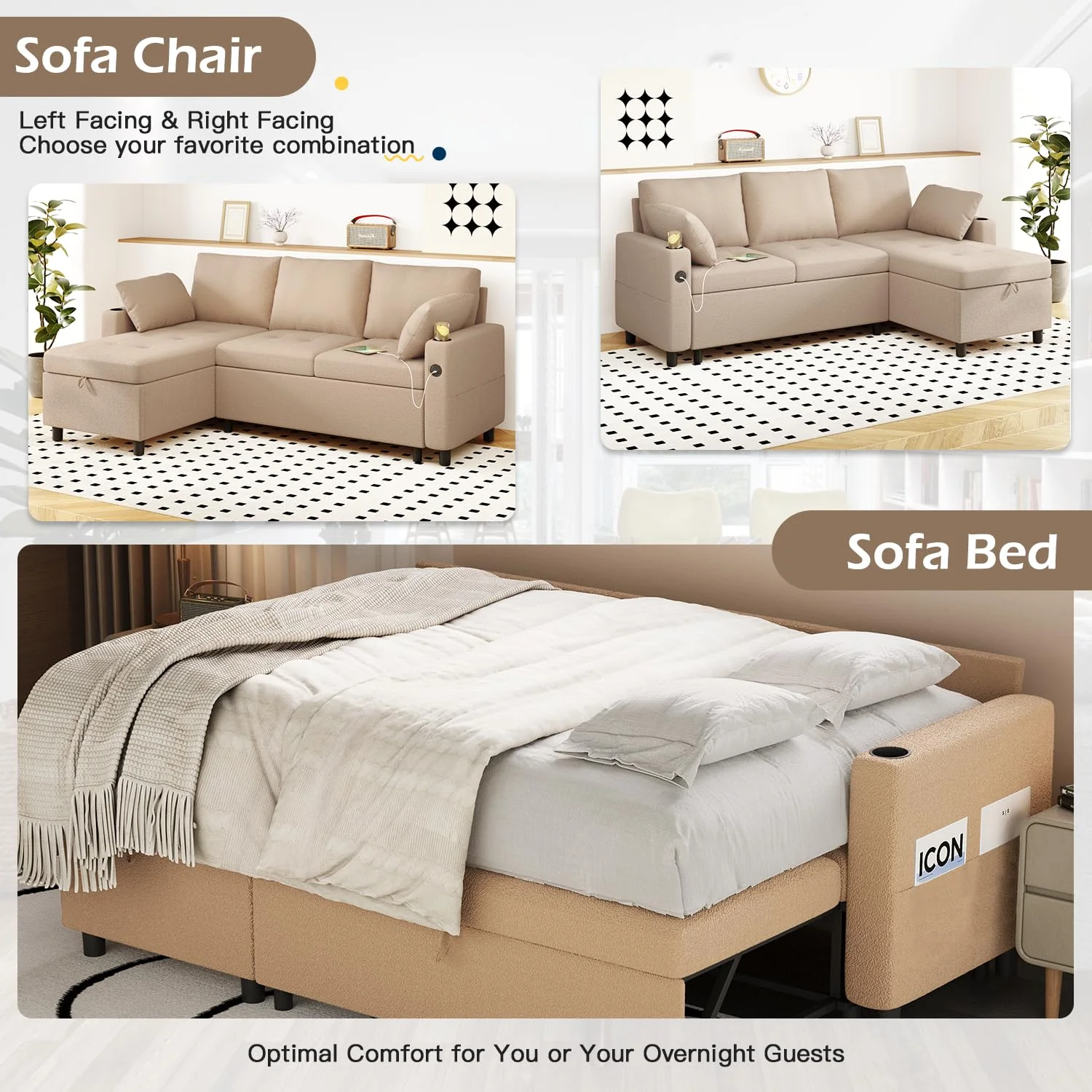 AECOJOY Sleeper Sofa Couch with Pullout Bed, Teddy Fleece, Tan