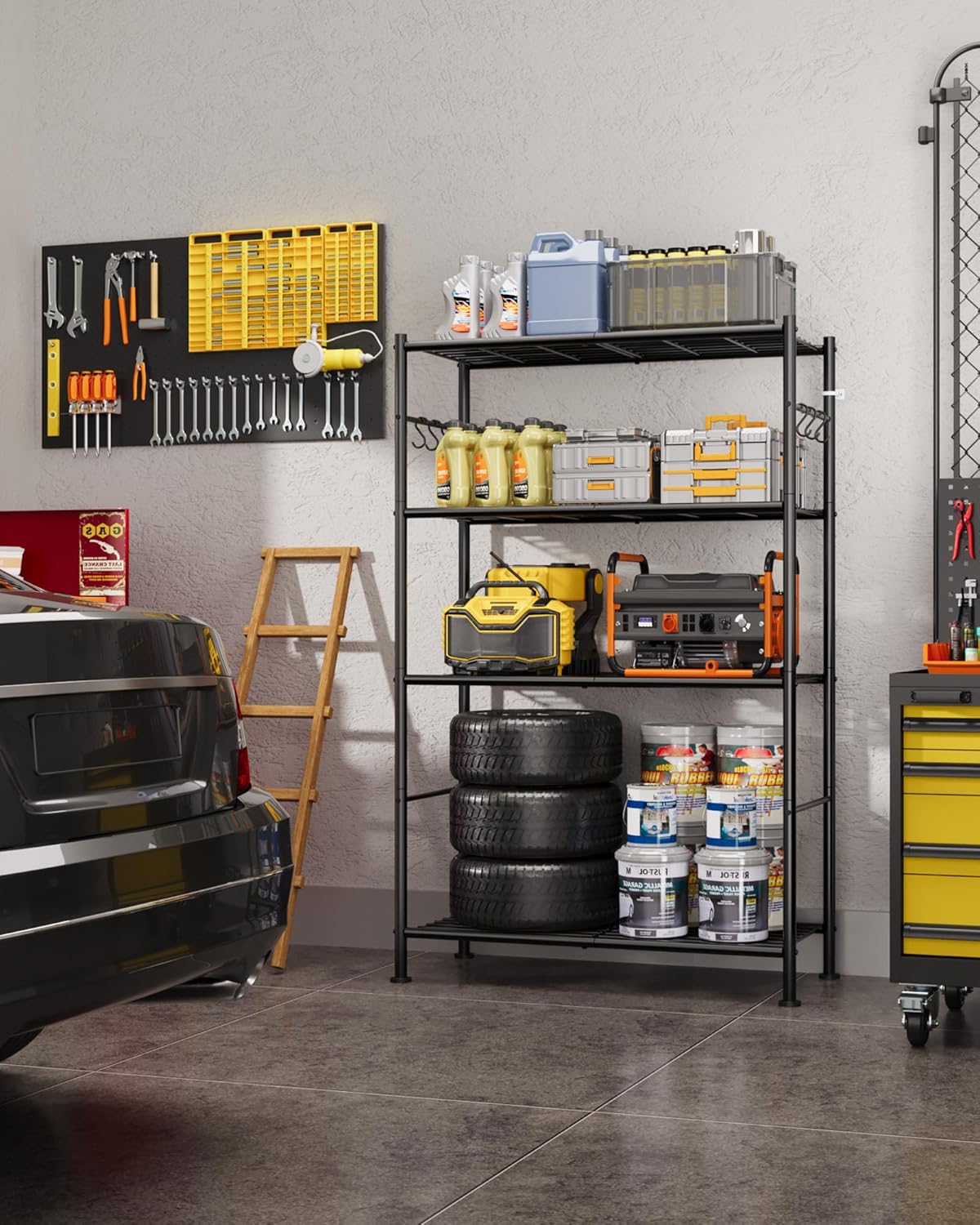 Sakugi Storage Shelves - 4-Tier Spacious Shelf Organizer with Hooks & Leveling Feet, Easy to Assemble, Rust-Resistant Garage Shelving for Kitchen, Pantry, Bedroom, 33.2