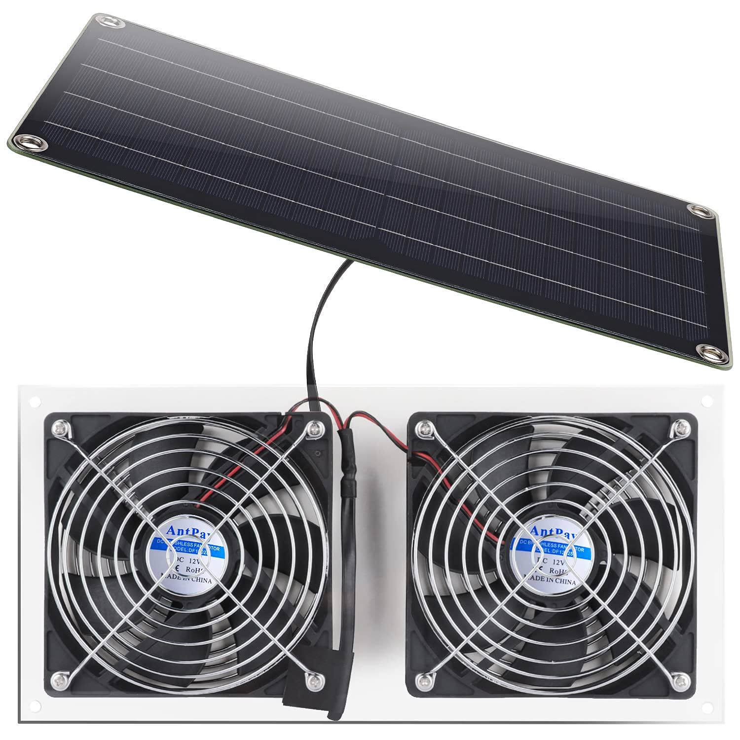 Solar Panel Fan Kit, AntPay 10W Weatherproof Dual Fan with 11Ft/3.5m Cable for Outside, Small Chicken Coops, Greenhouses, Sheds,Pet Houses, Window