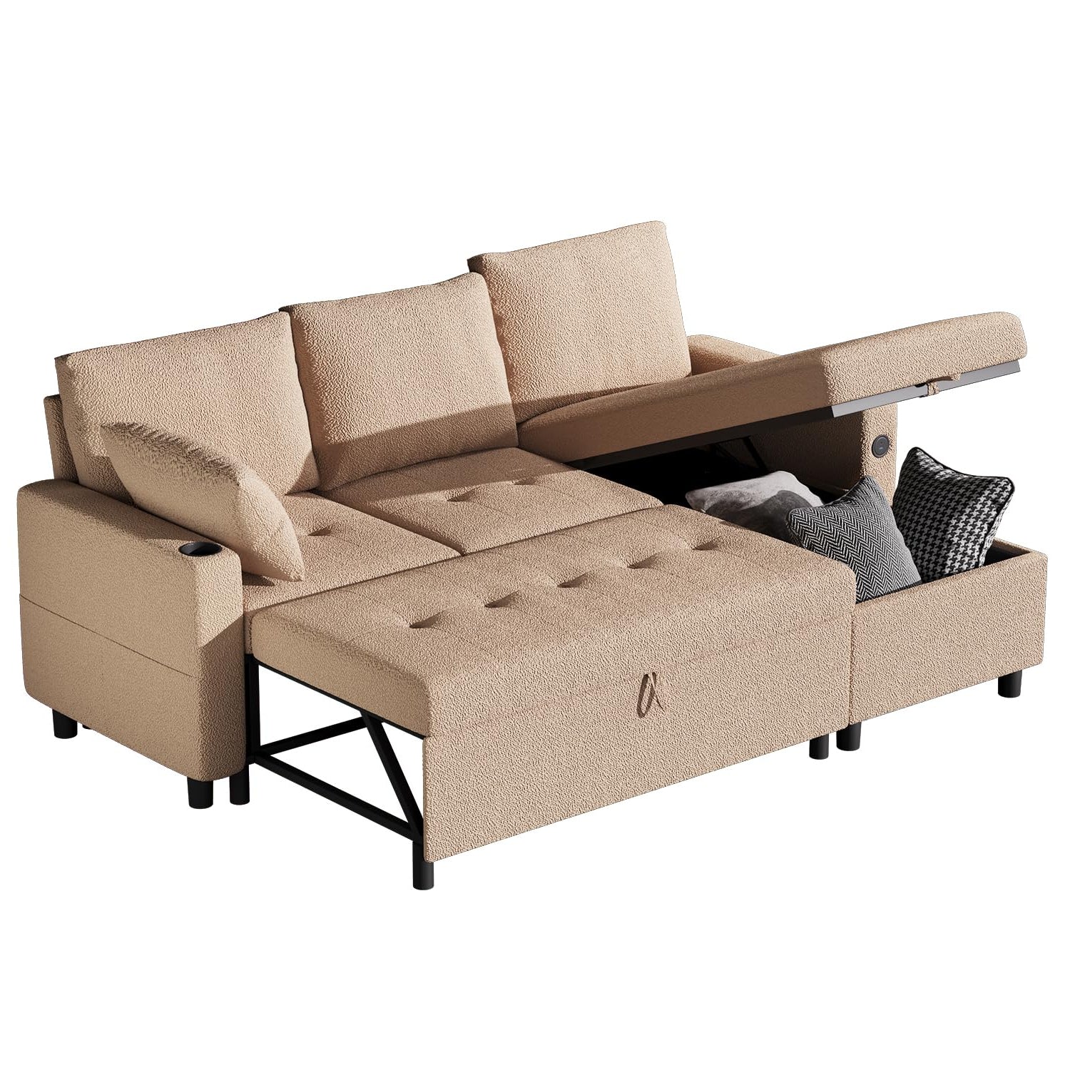 AECOJOY Sleeper Sofa Couch with Pullout Bed, Teddy Fleece, Tan