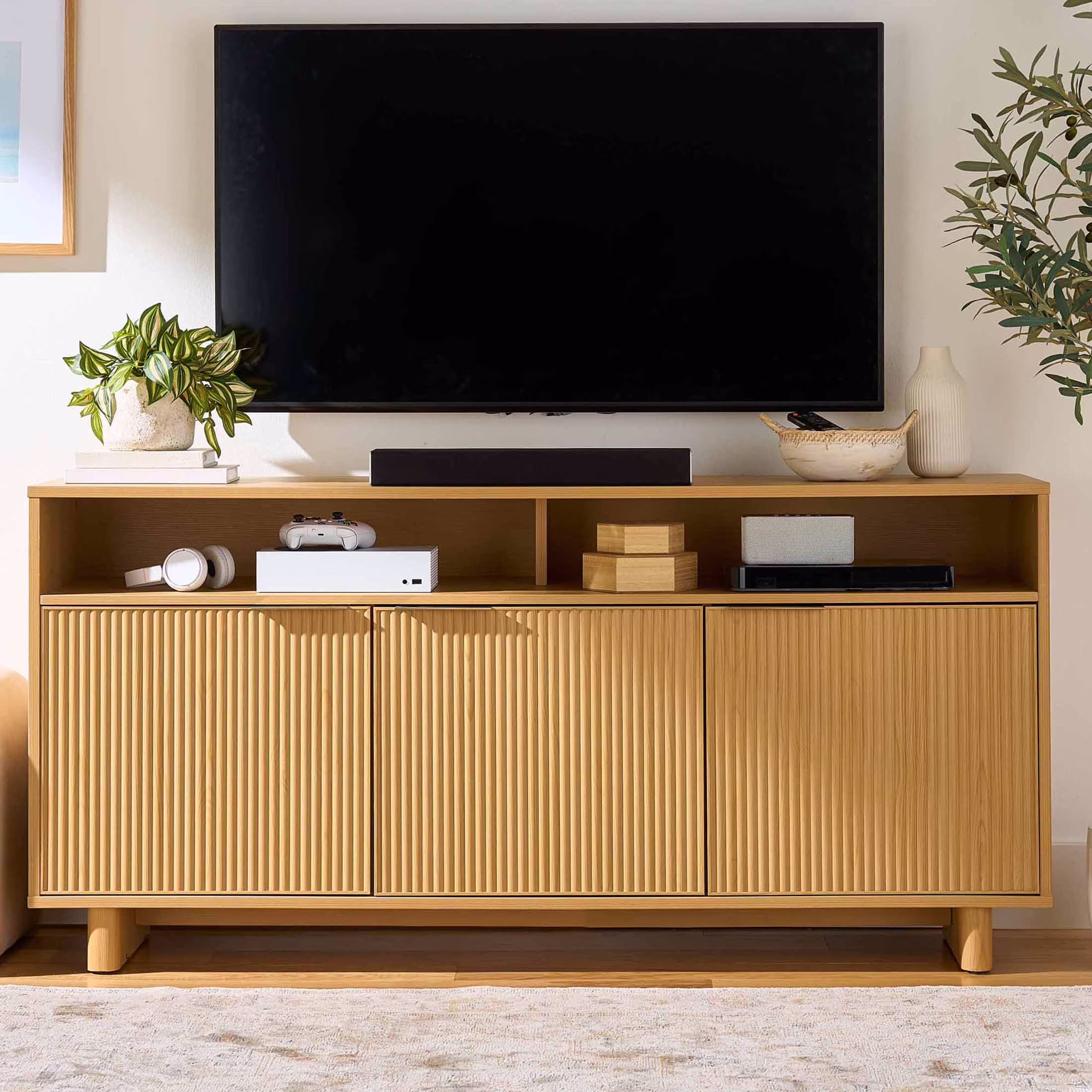 Better Homes & Gardens Lillian Fluted TV Stand for TVs up to 70, Natural Pine Finish