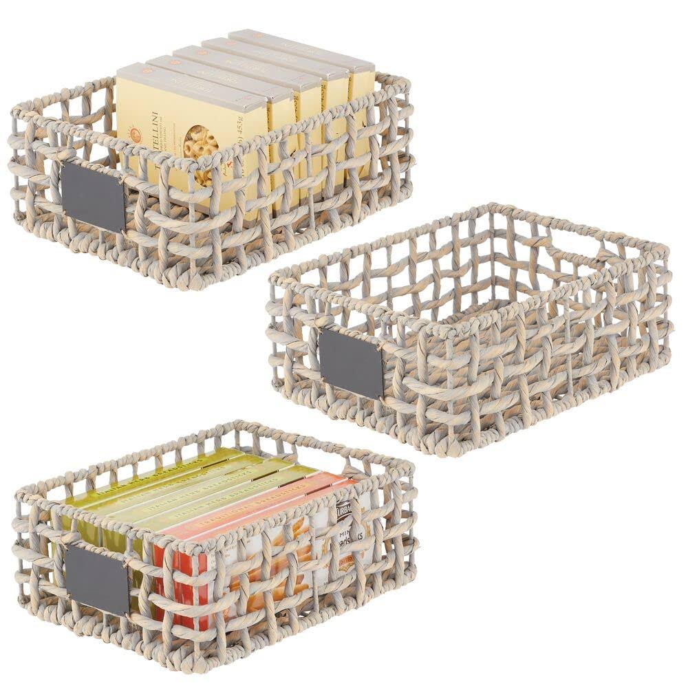 mDesign Water Hyacinth Open Weave Pantry Basket Bin - 3 Pack - Gray