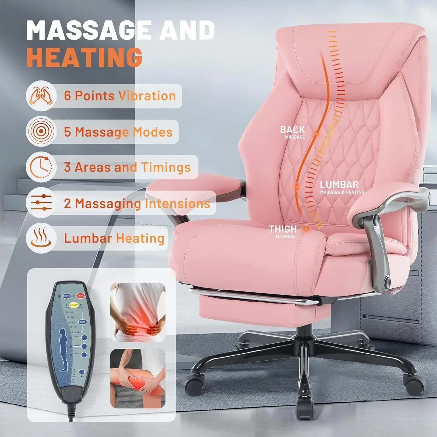Fauteuil de bureau massant avec chauffage et repose-pieds, fauteuil de bureau ergonomique inclinable de direction