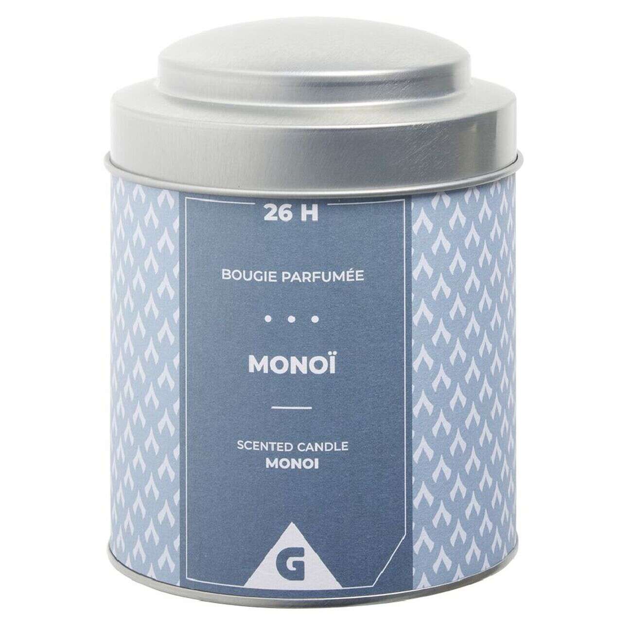 Bougie parfumée dans pot métal gris et bleu senteur monoï 26H