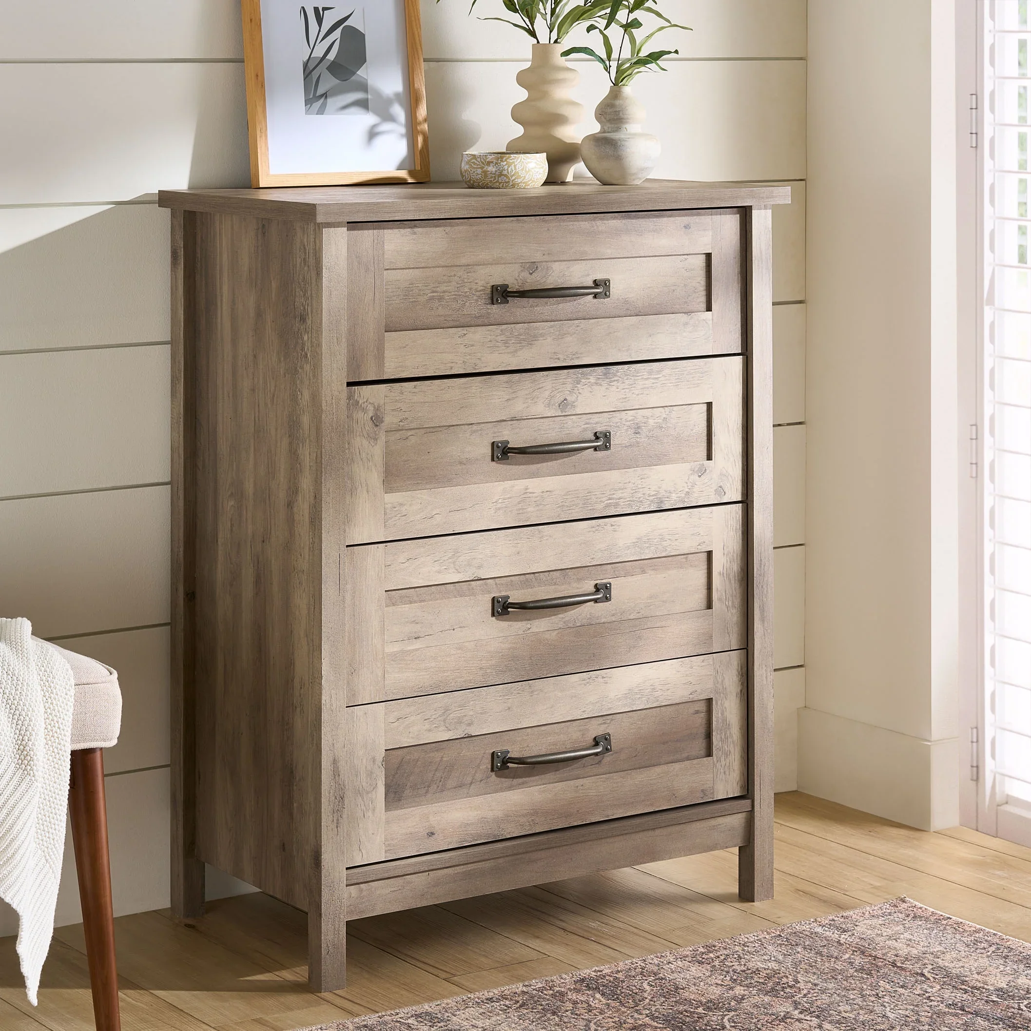 Better Homes & Gardens Modern Farmhouse 4-Drawer Dresser, Rustic White Finish