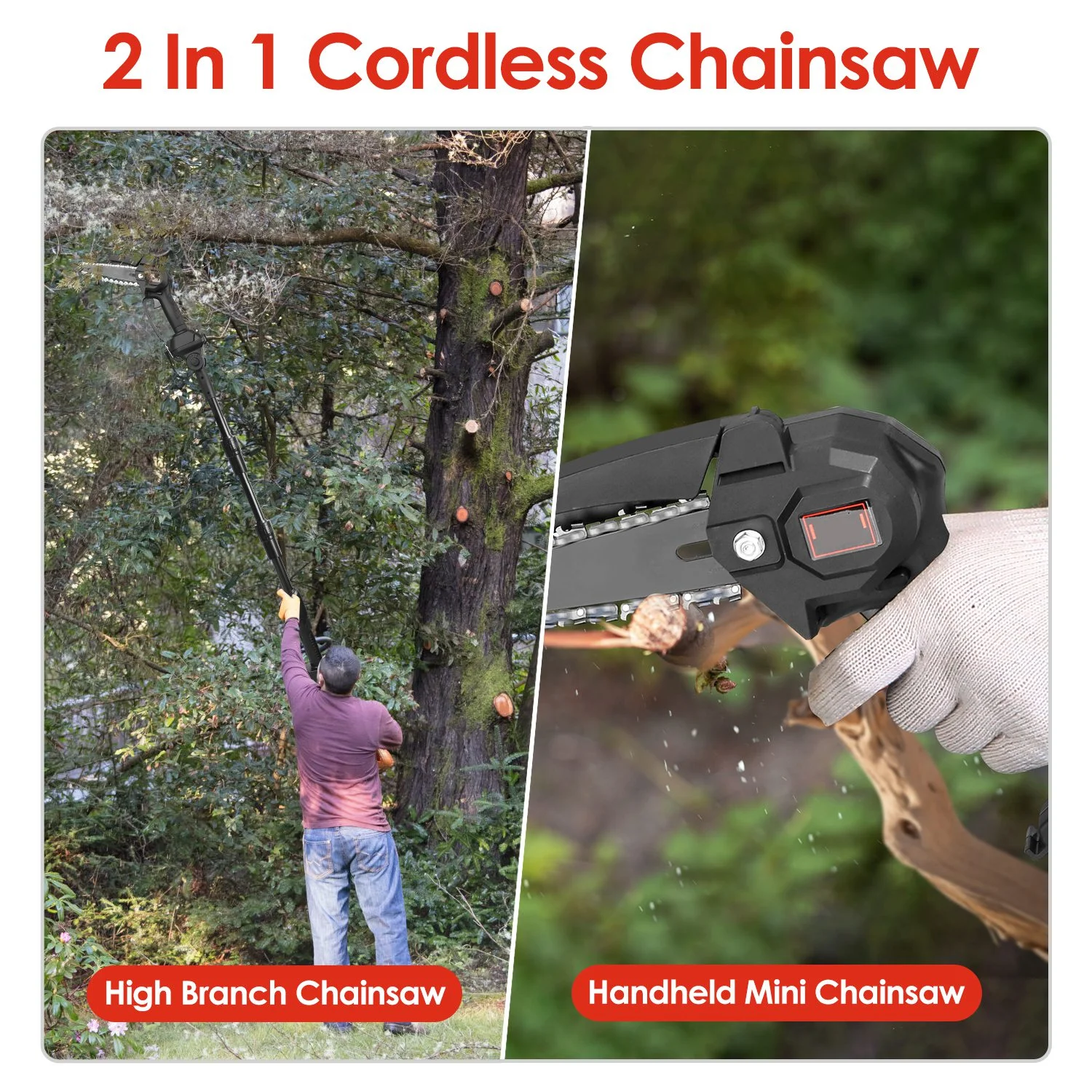 2 in 1 Cordless Pole Saw Electric Mini Chainsaw Length Adjustable Chain Saw with 2Pcs 3000mAh Batteries 4in/6in Chains for Tree Trimming, Black - Image 5