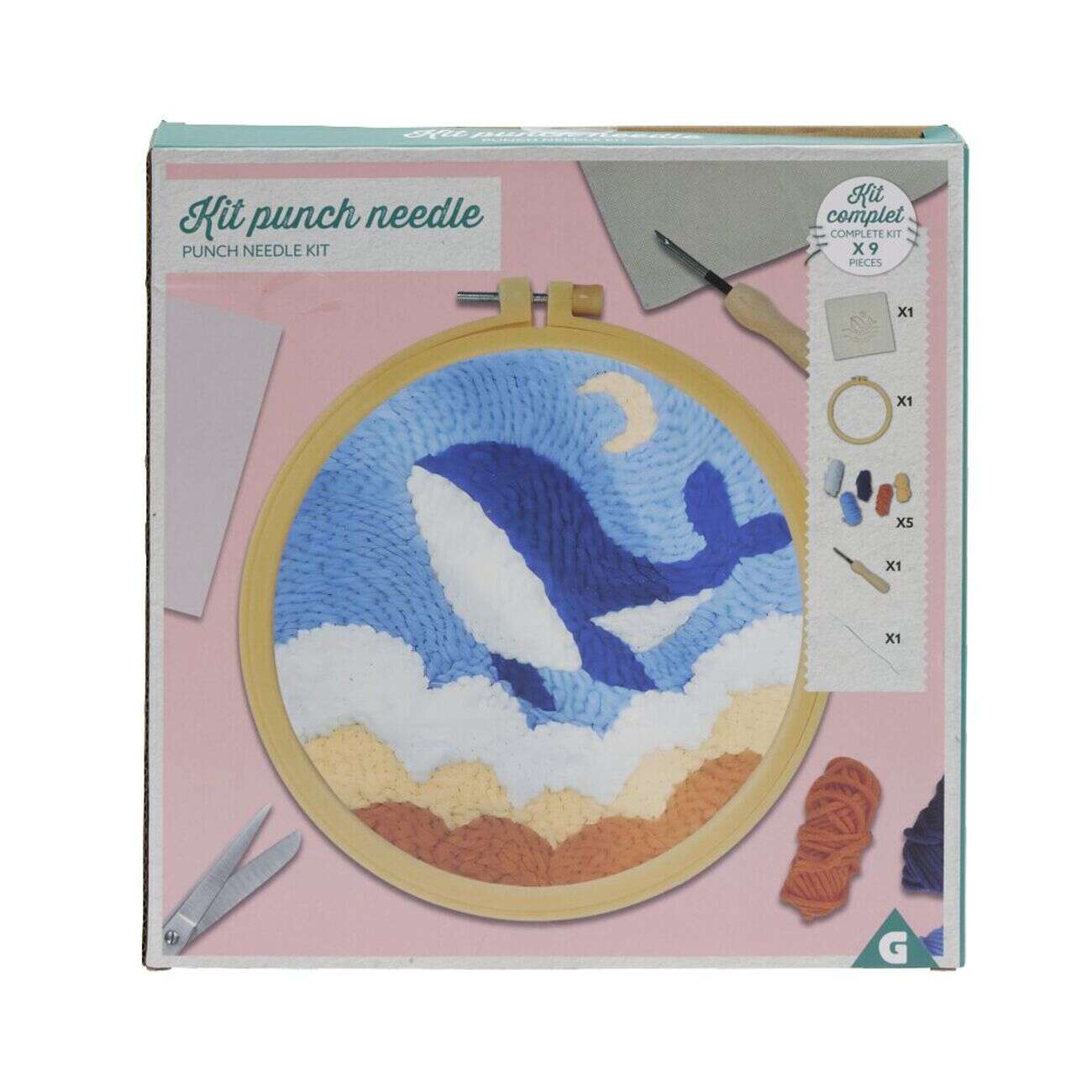 Kit de crochet avec support rond bois et laine 25x9x6cm - plusieurs modèles